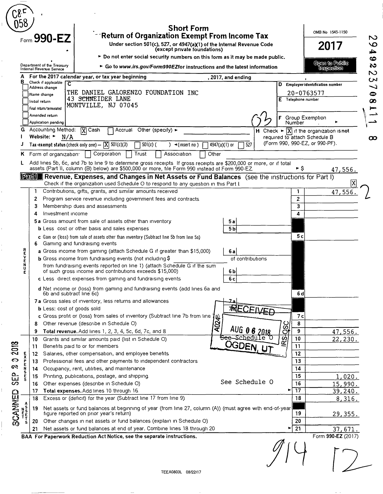 Image of first page of 2017 Form 990EZ for Daniel Galorenzo Foundation