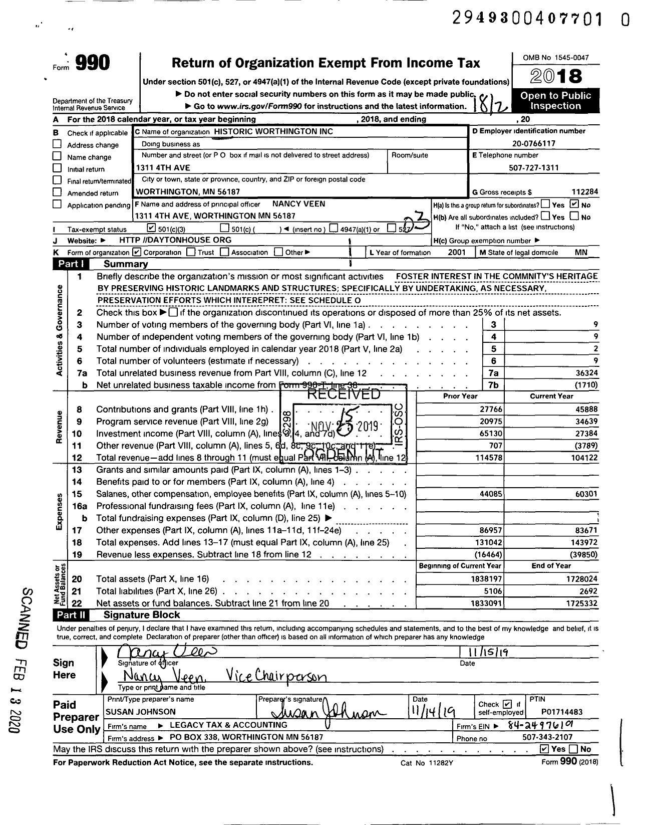 Image of first page of 2018 Form 990 for Historic Worthington