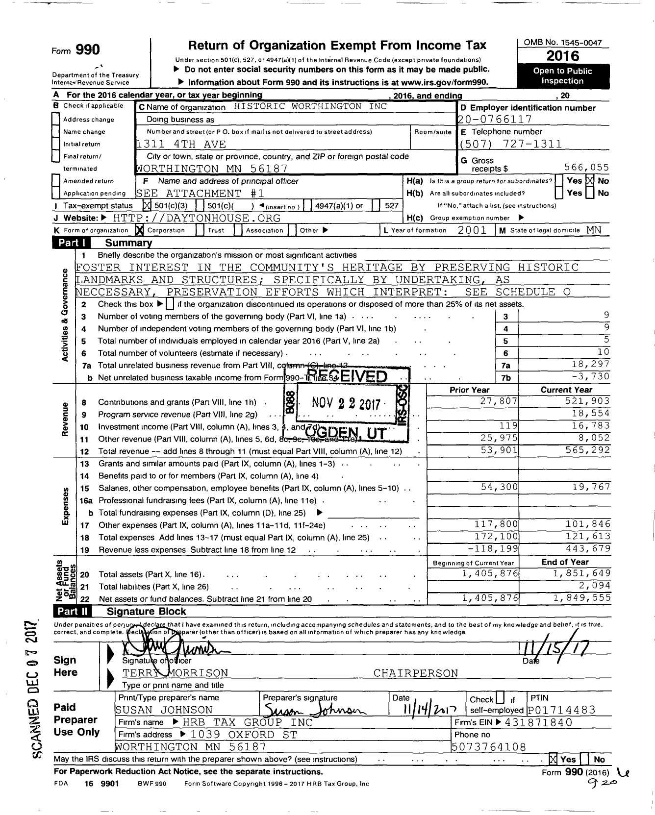 Image of first page of 2016 Form 990 for Historic Worthington