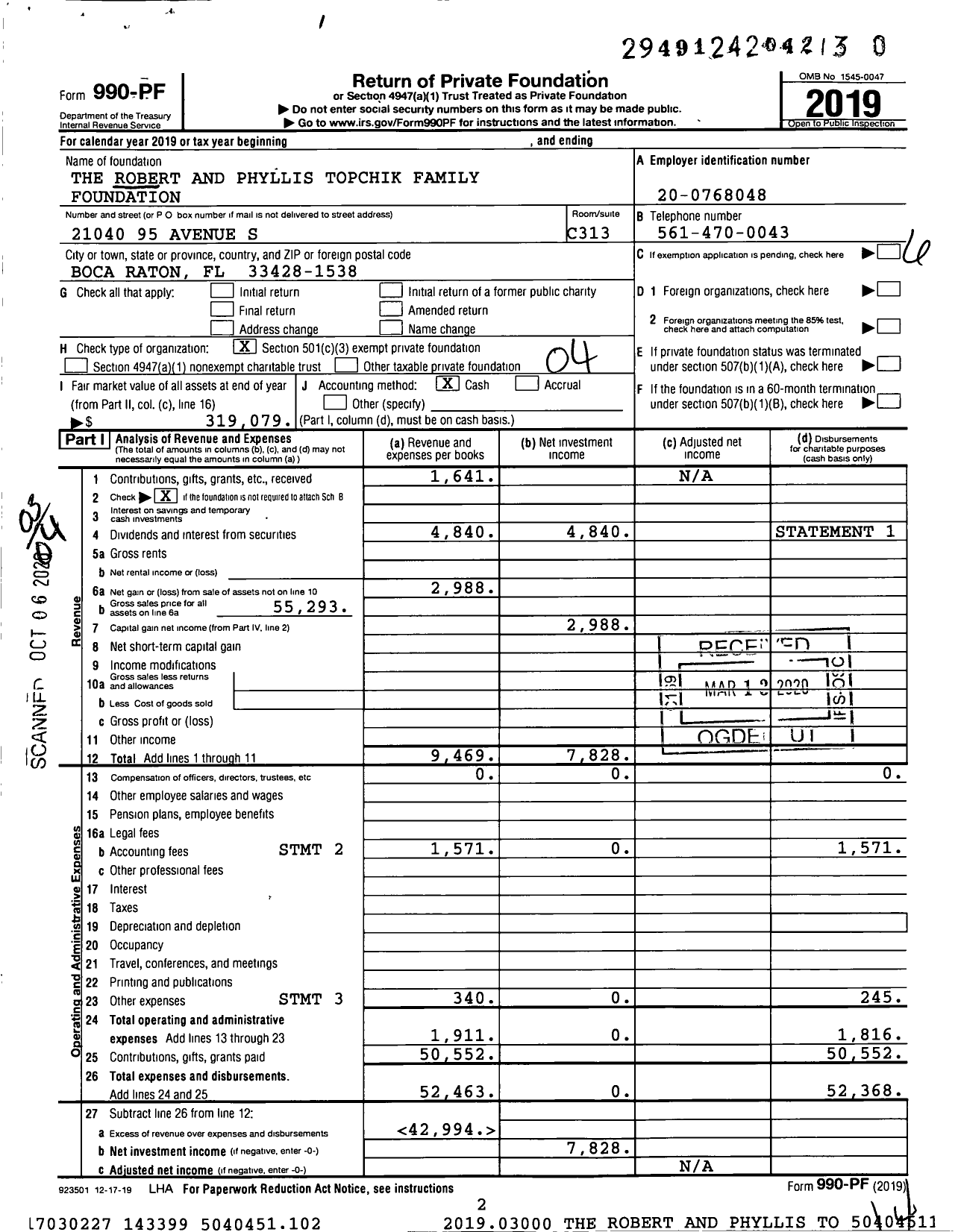 Image of first page of 2019 Form 990PR for The Robert and Phyllis Topchik Family Foundation