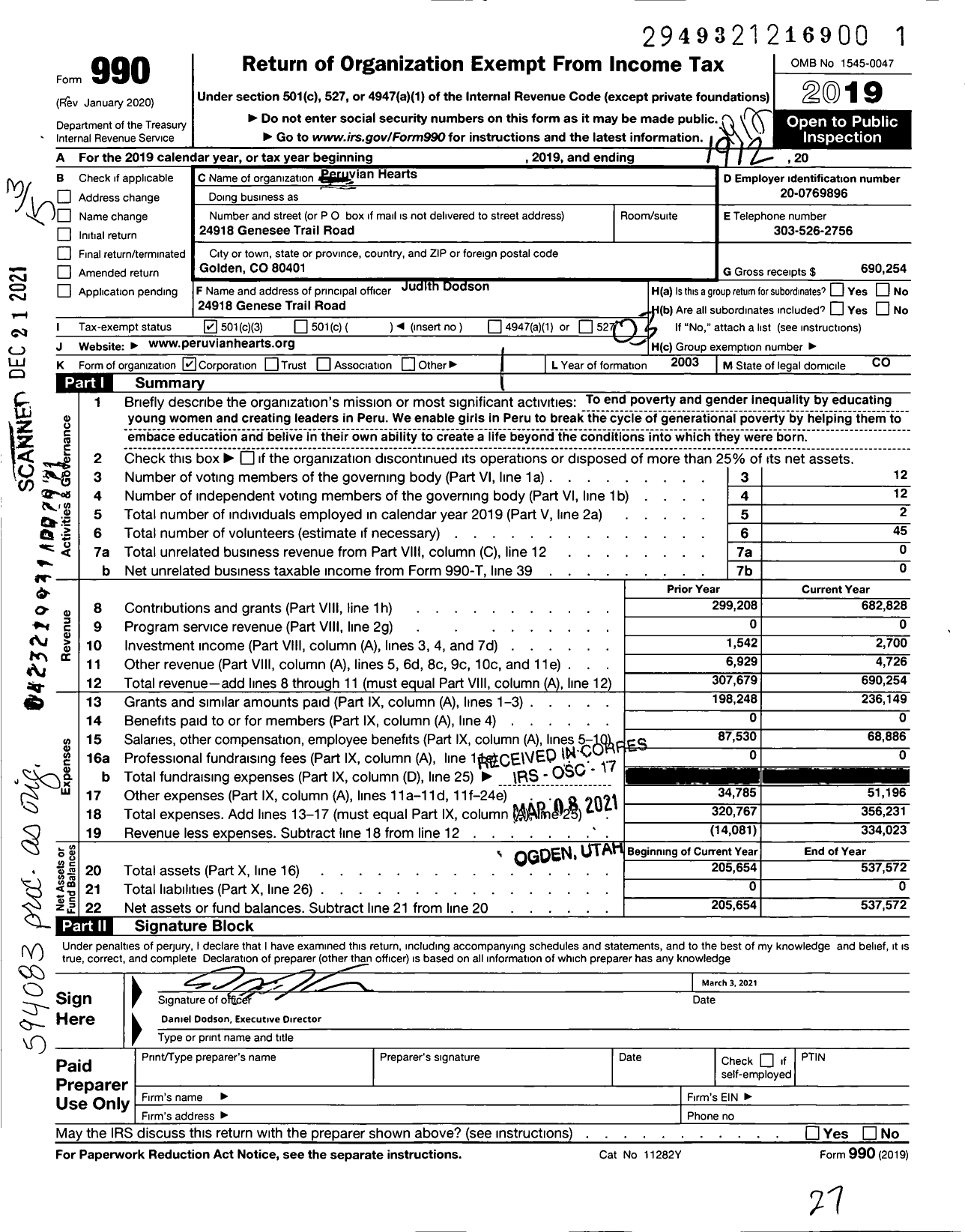 Image of first page of 2019 Form 990 for Peruvian Hearts