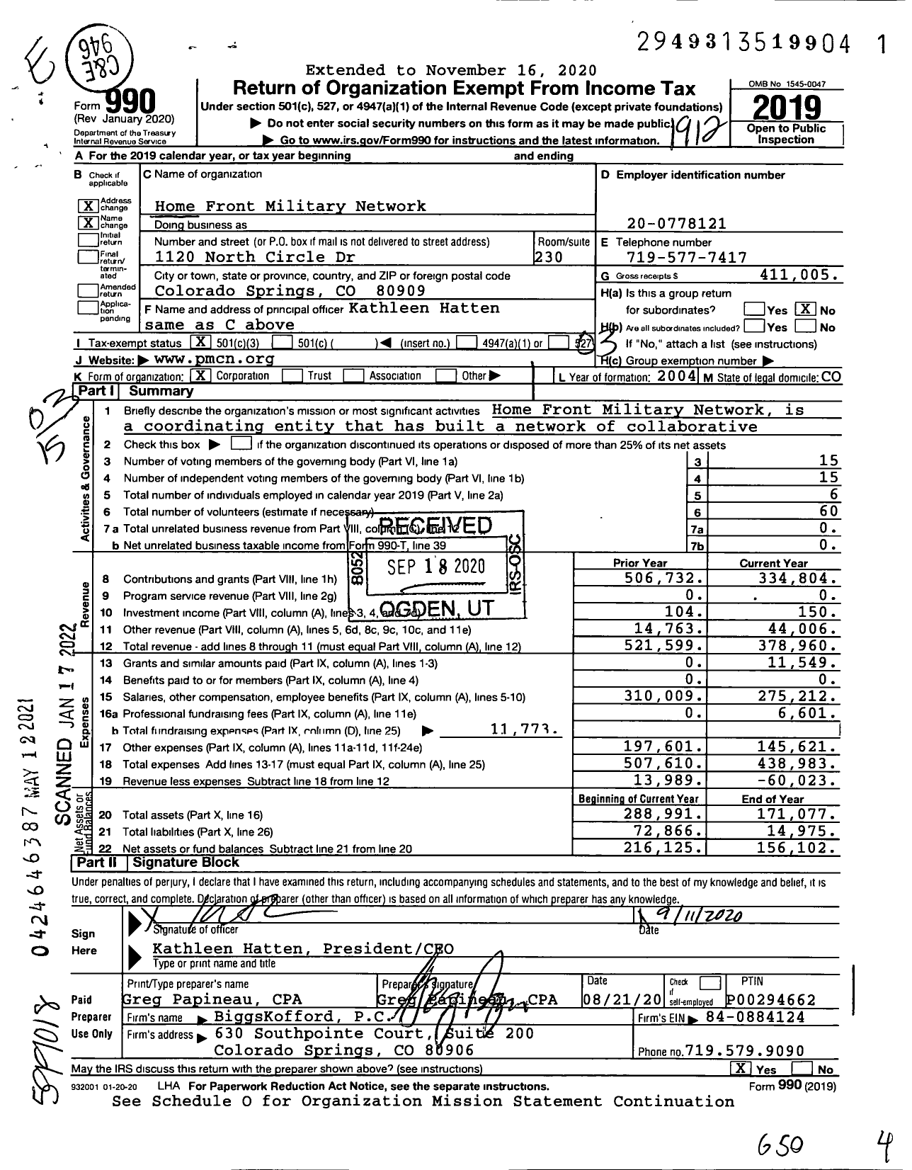 Image of first page of 2019 Form 990 for Home Front Military Network