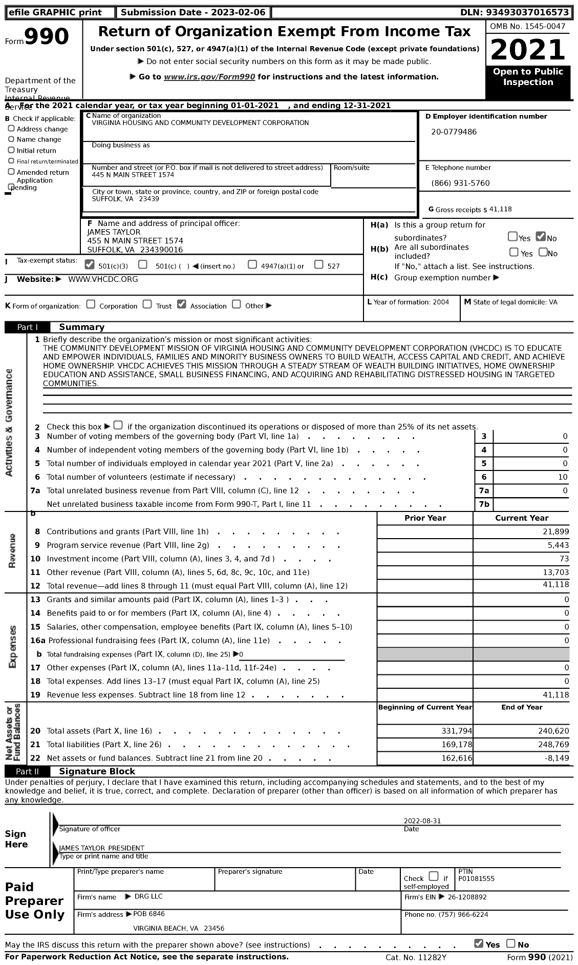 Image of first page of 2021 Form 990 for Virginia Housing and Community Development Corporation