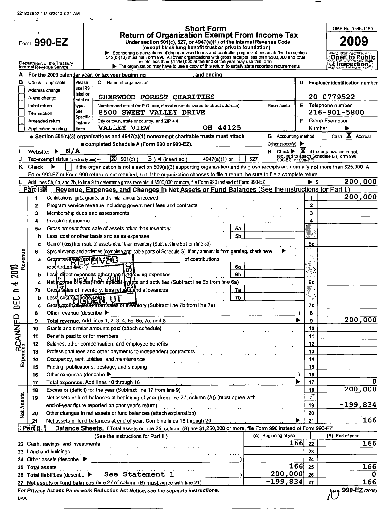 Image of first page of 2009 Form 990EZ for Sherwood Forest Charities