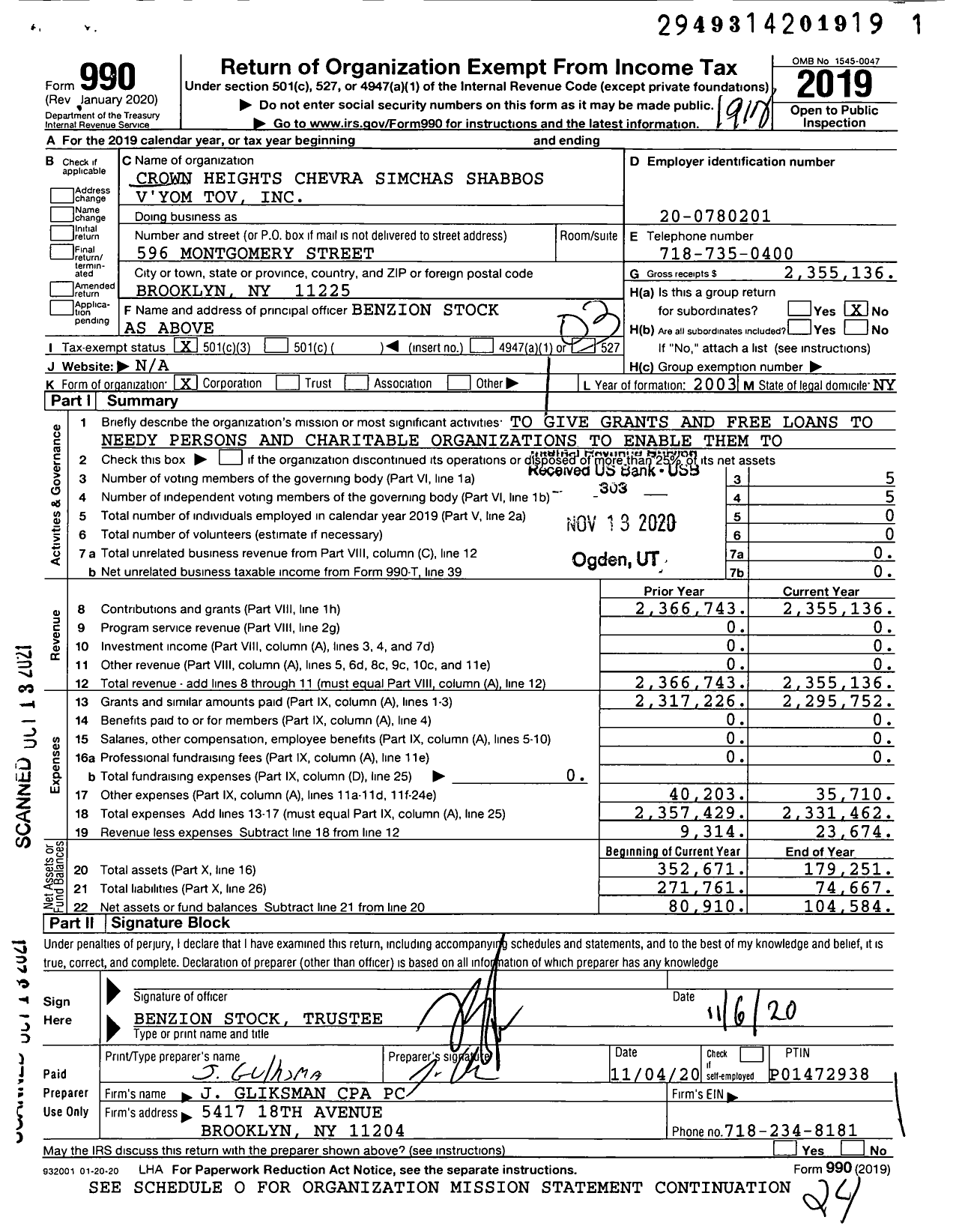 Image of first page of 2019 Form 990 for Chevra Simchas Shabbos V'Yom Tov