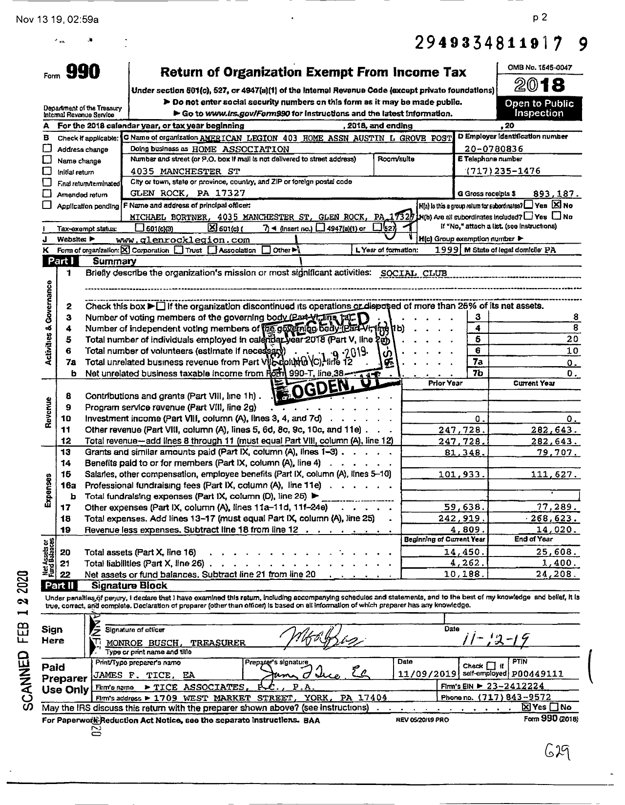 Image of first page of 2018 Form 990O for American Legion - Home Association / Home Association