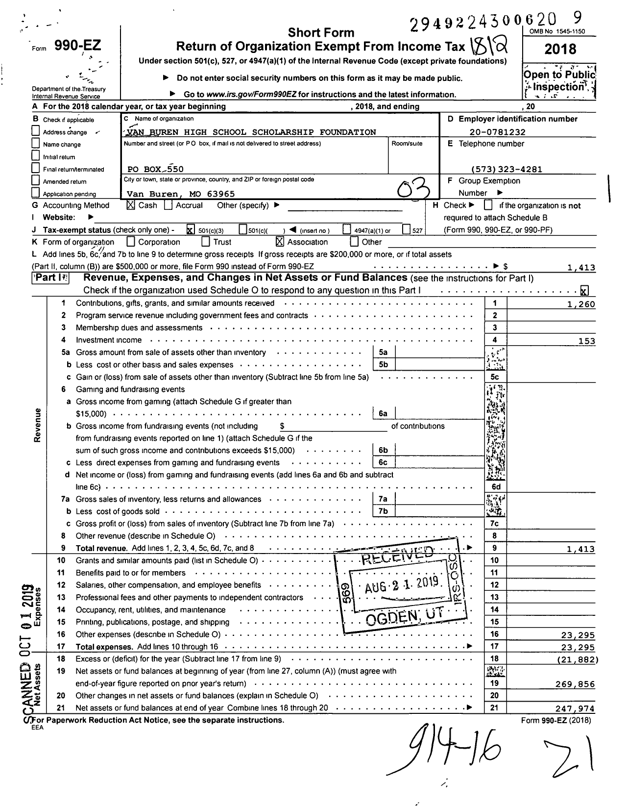 Image of first page of 2018 Form 990EZ for Van Buren High School Scholarship Foundation