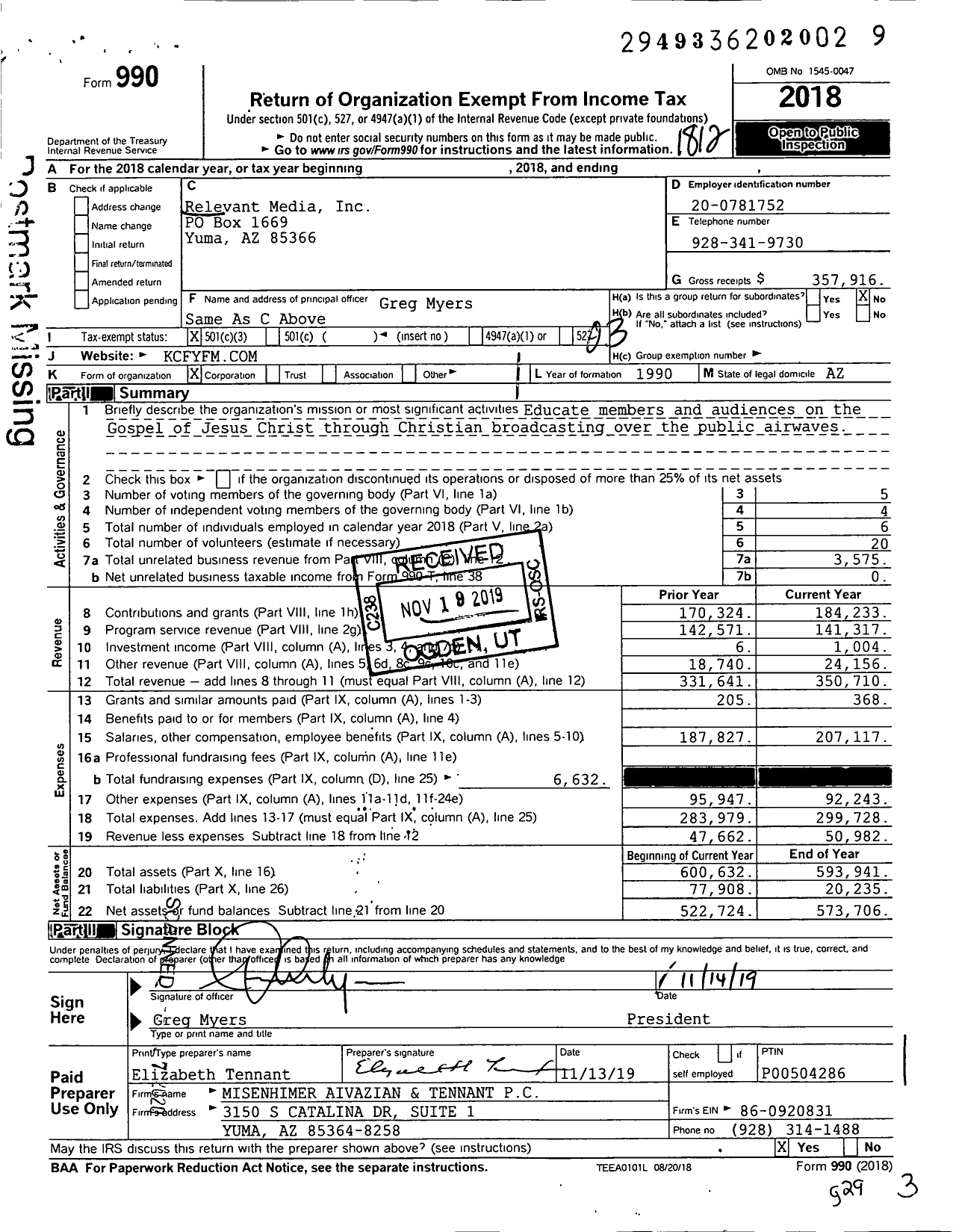 Image of first page of 2018 Form 990 for Relevant Media