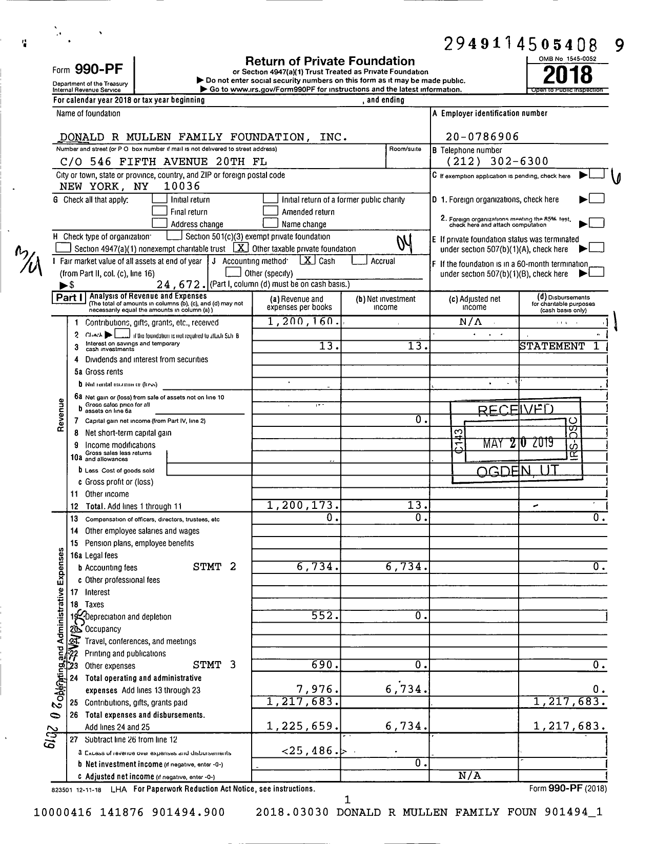 Image of first page of 2018 Form 990PF for The Mullen Family Foundation