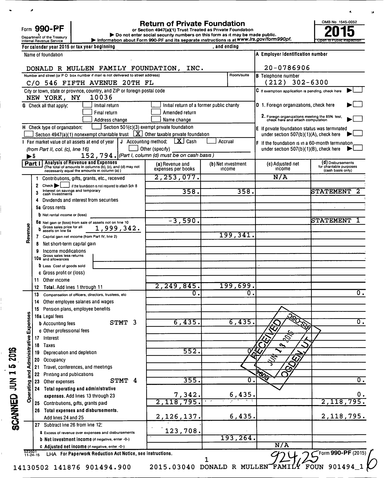 Image of first page of 2015 Form 990PF for The Mullen Family Foundation