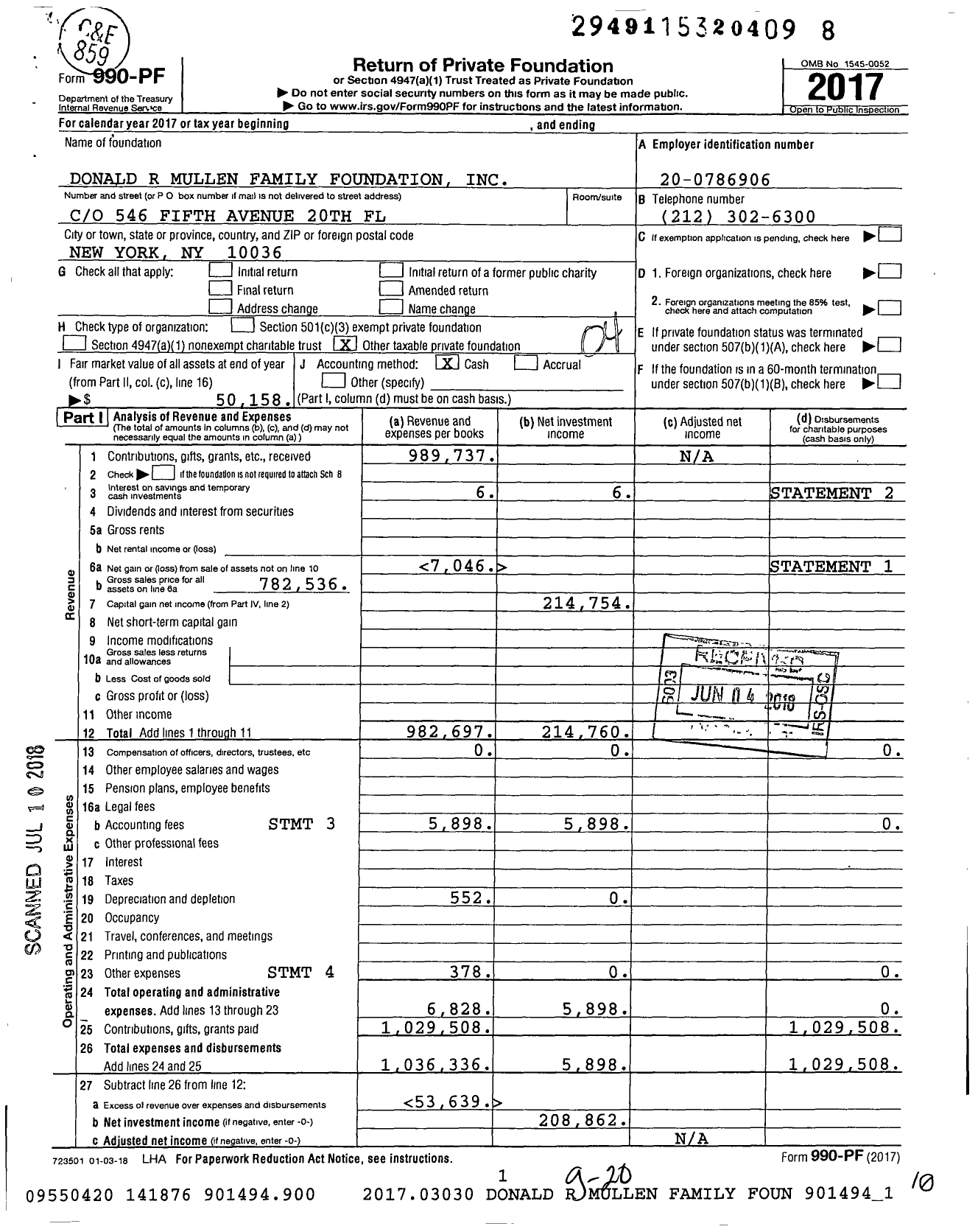 Image of first page of 2017 Form 990PF for The Mullen Family Foundation