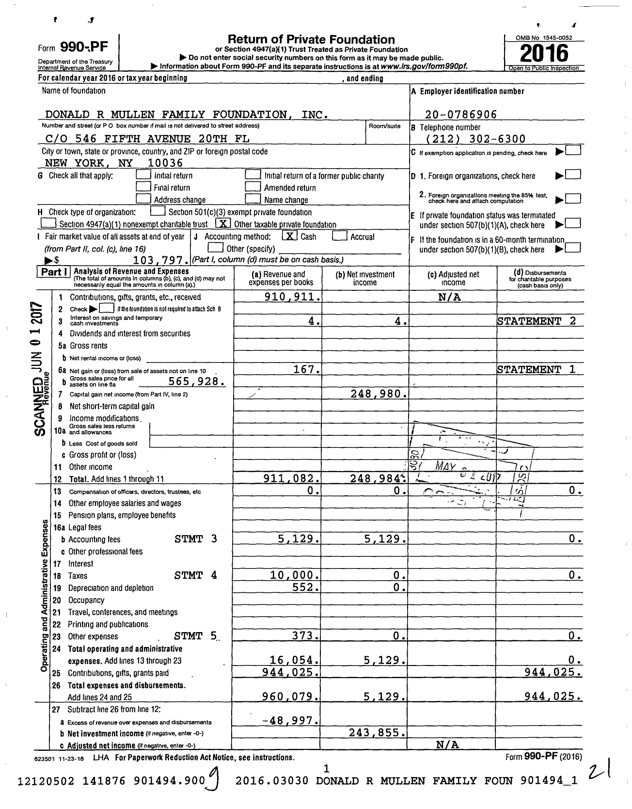 Image of first page of 2016 Form 990PF for Donald R Mullen Family Foundation