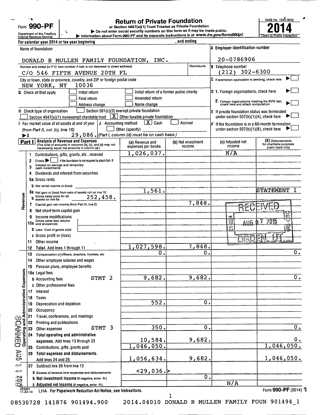 Image of first page of 2014 Form 990PF for Donald R Mullen Family Foundation