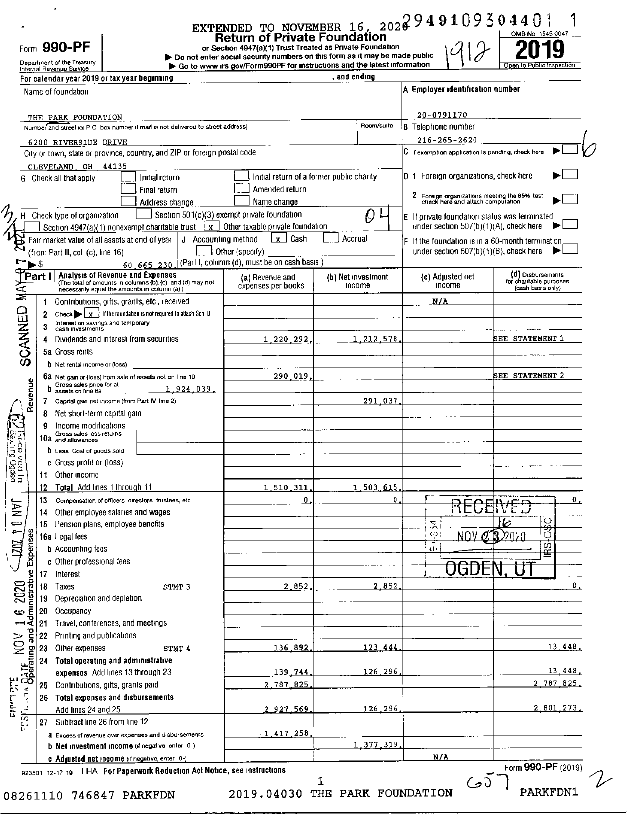 Image of first page of 2019 Form 990PF for The Park Foundation