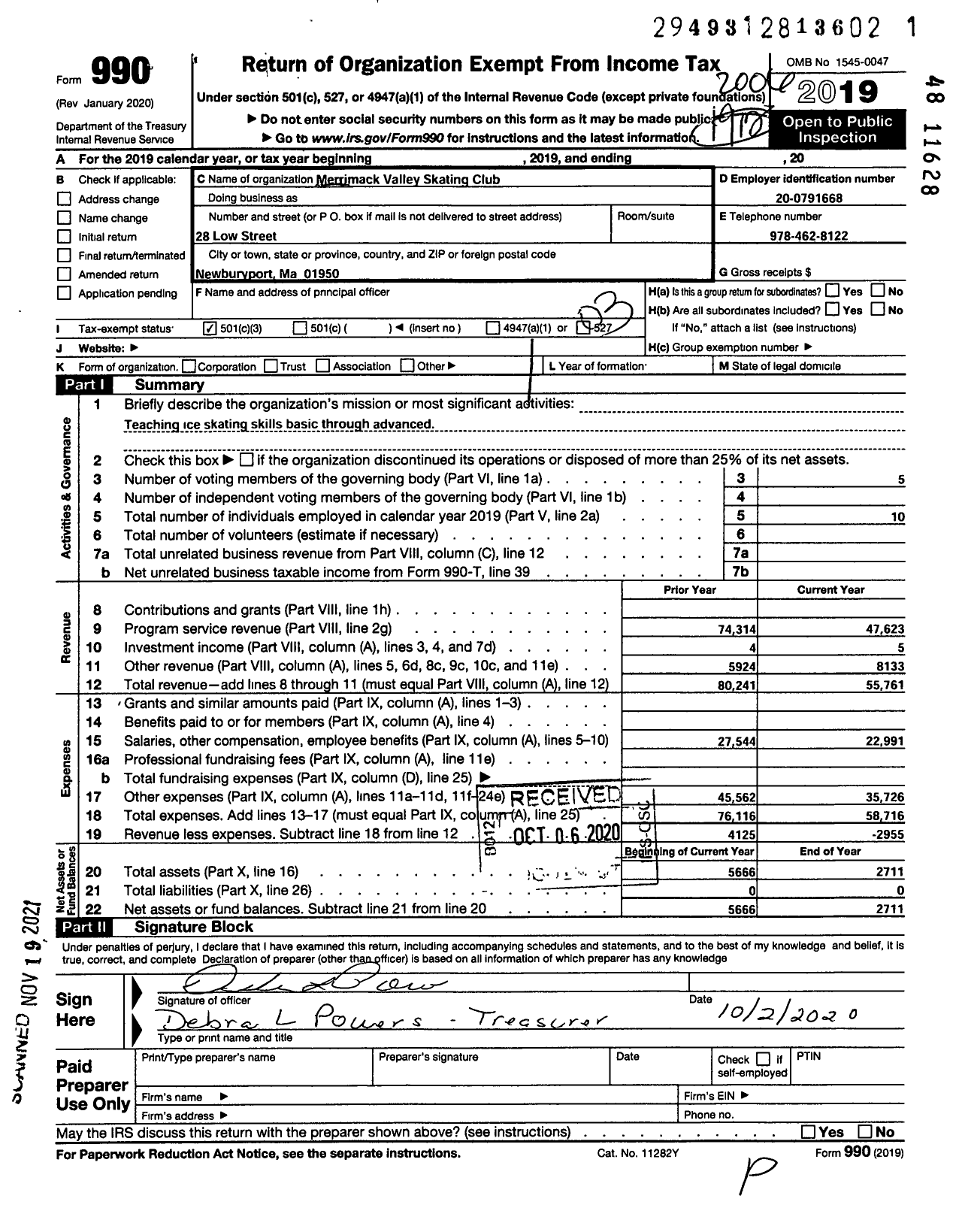 Image of first page of 2019 Form 990 for Merrimack Valley Skating Club