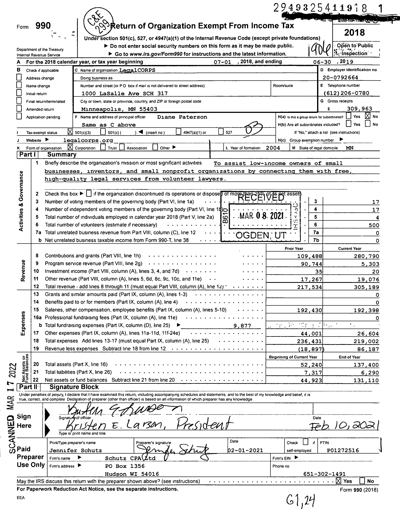 Image of first page of 2018 Form 990 for LegalCORPS