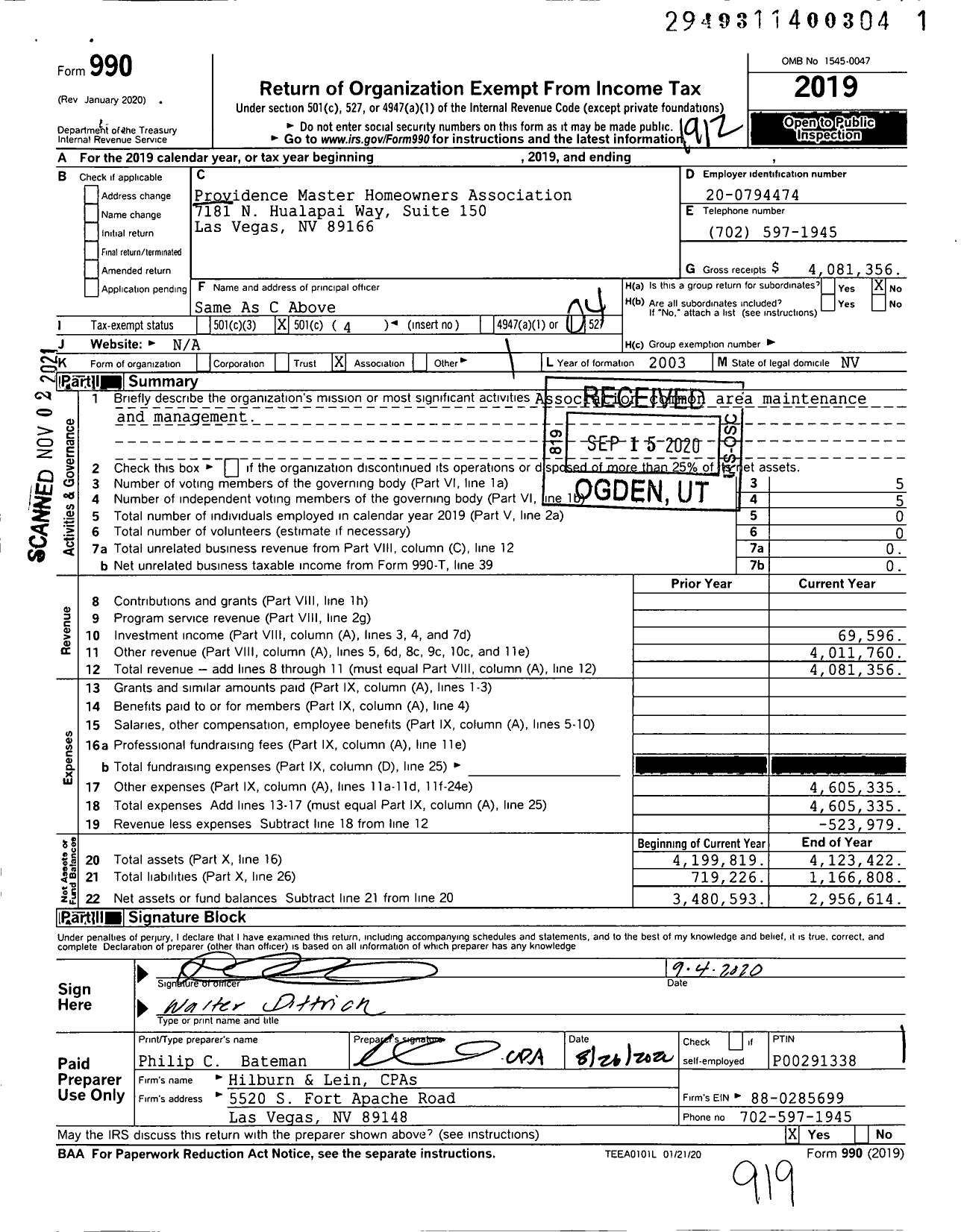Image of first page of 2019 Form 990O for Providence Master Homeowners Association