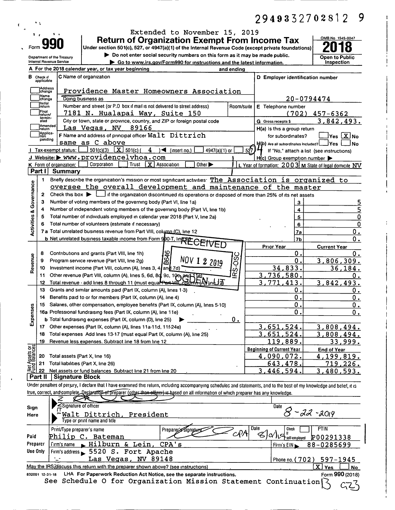 Image of first page of 2018 Form 990O for Providence Master Homeowners Association