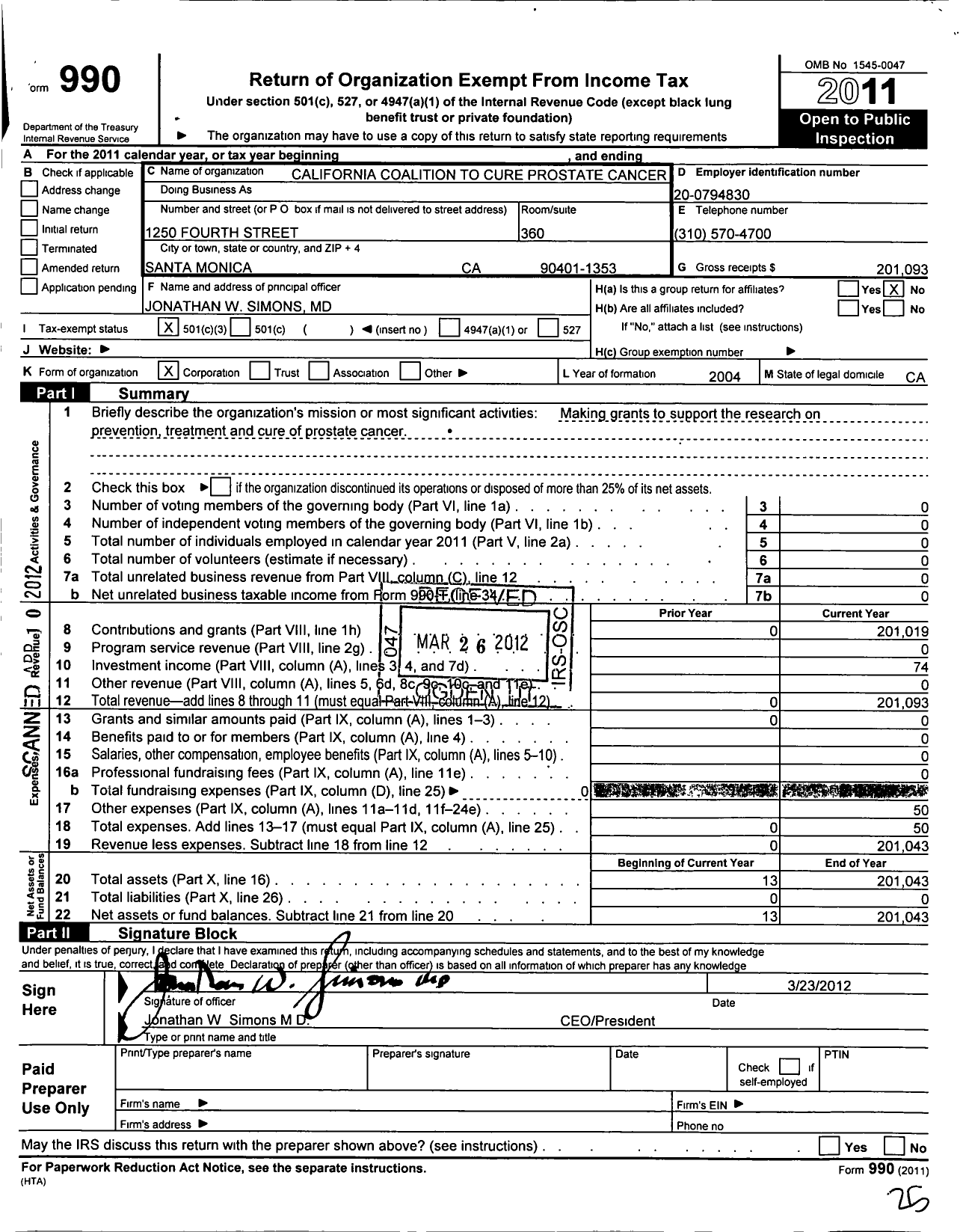 Image of first page of 2011 Form 990 for California Coalition To Cure Prostate Can