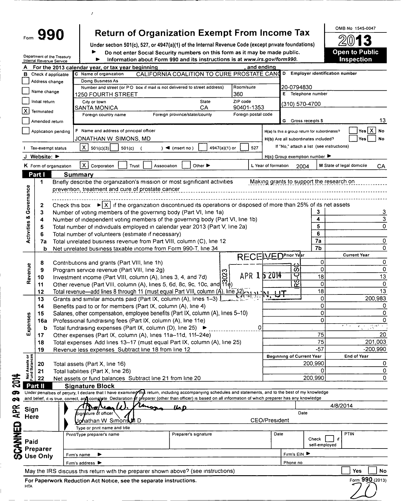 Image of first page of 2013 Form 990 for California Coalition To Cure Prostate Can