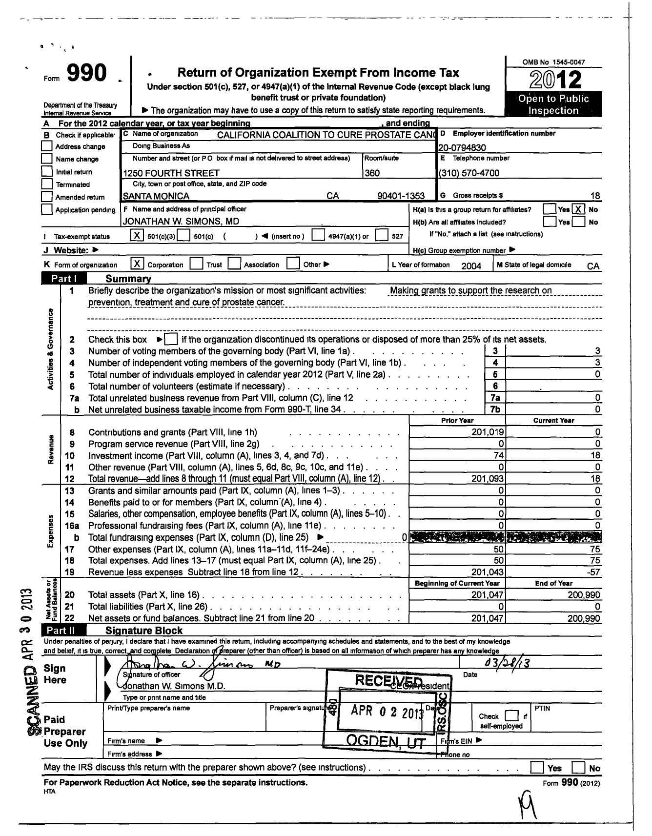 Image of first page of 2012 Form 990 for California Coalition To Cure Prostate Can