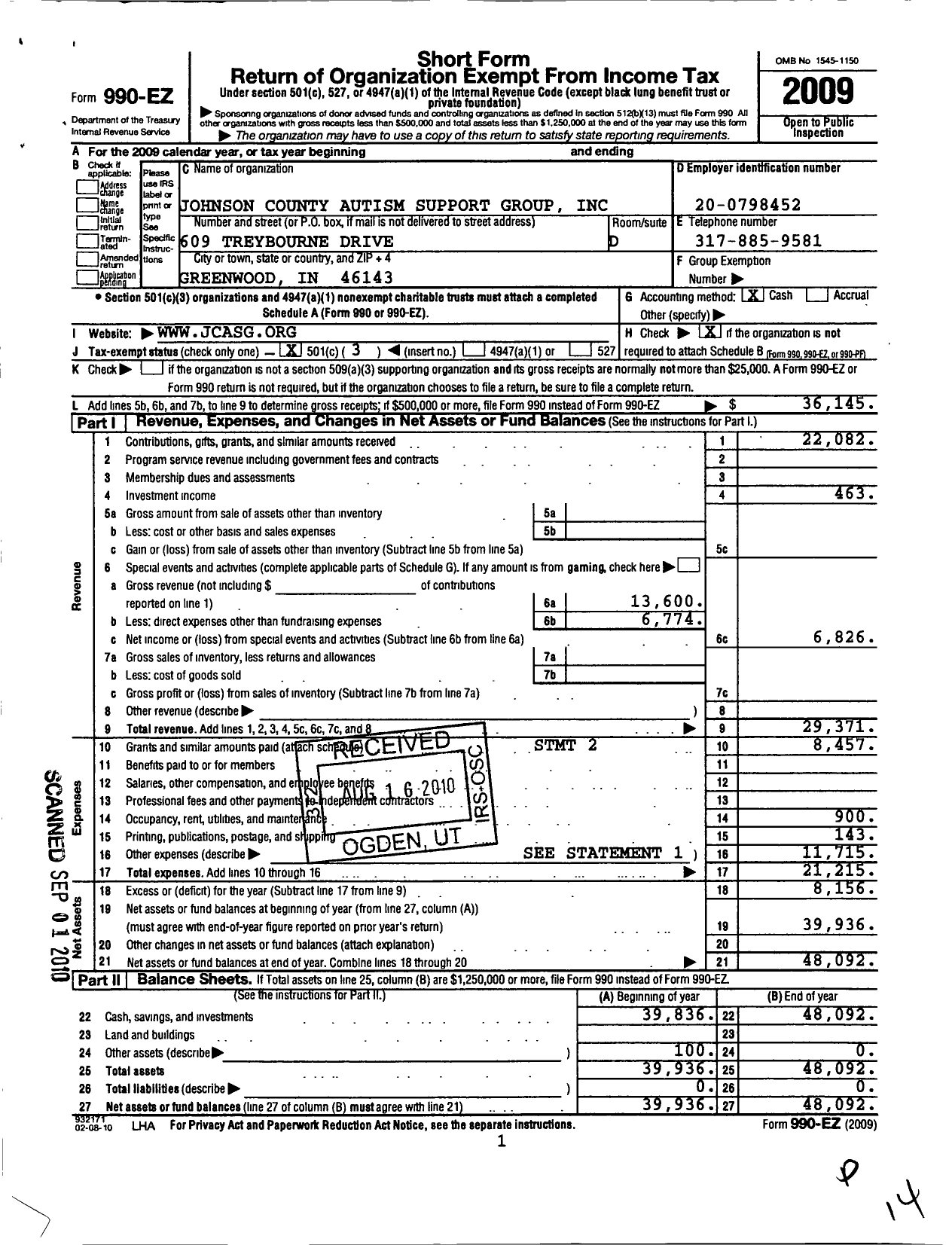 Image of first page of 2009 Form 990EZ for Johnson County Autism Support Group