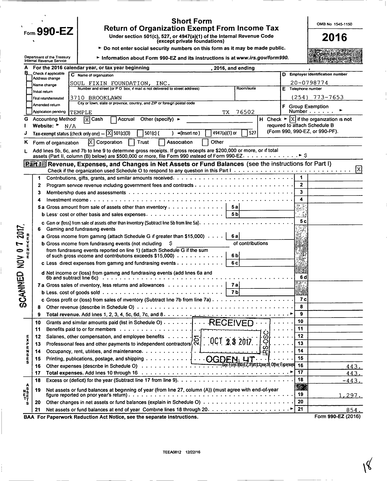 Image of first page of 2016 Form 990EZ for Soul Fixin Foundation