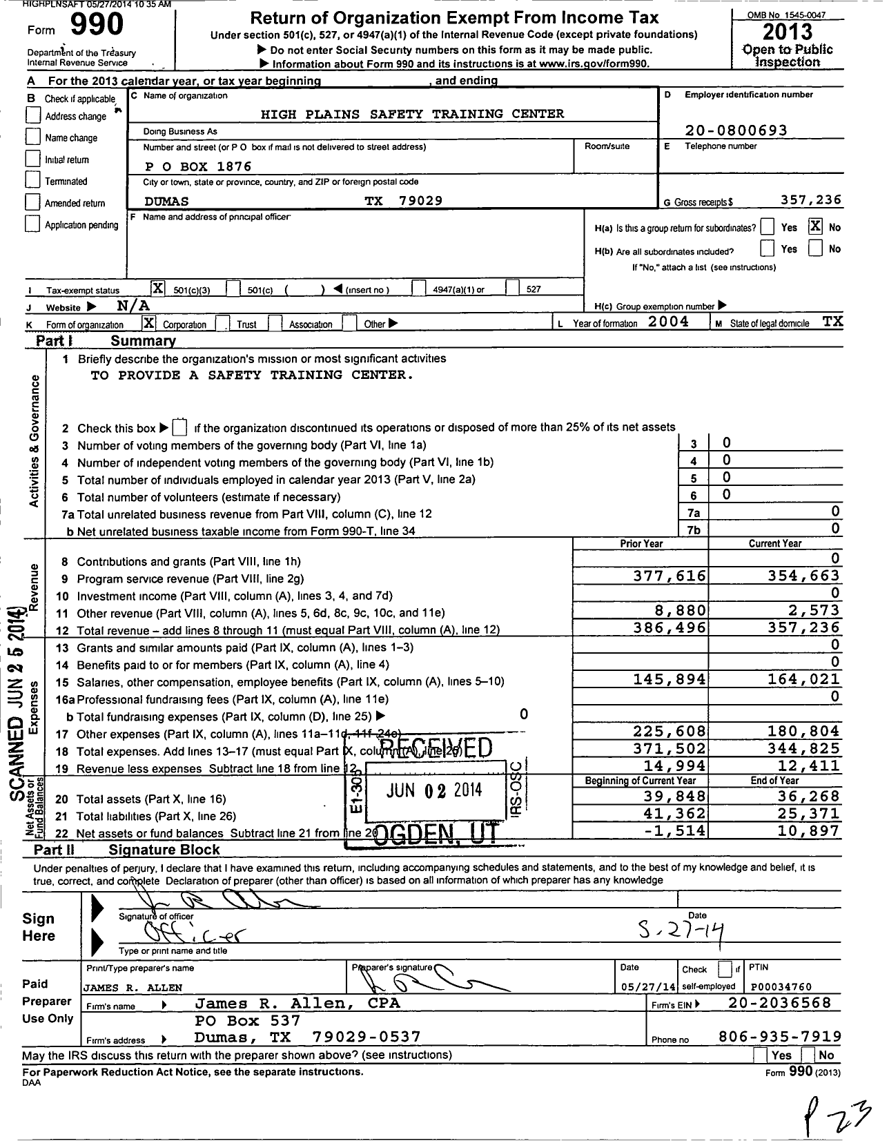 Image of first page of 2013 Form 990 for High Plains Safety Training Center