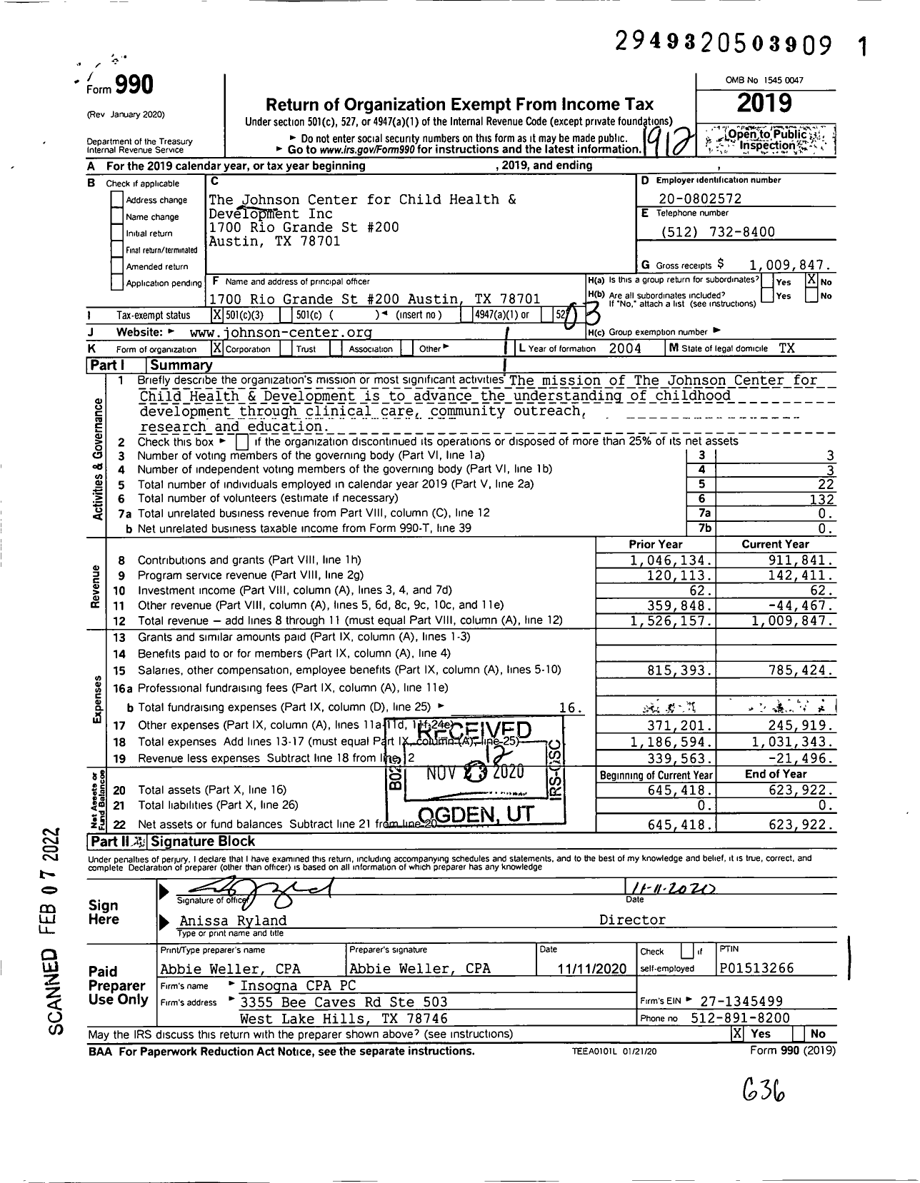 Image of first page of 2019 Form 990 for The Johnson Center for Child Health and Development