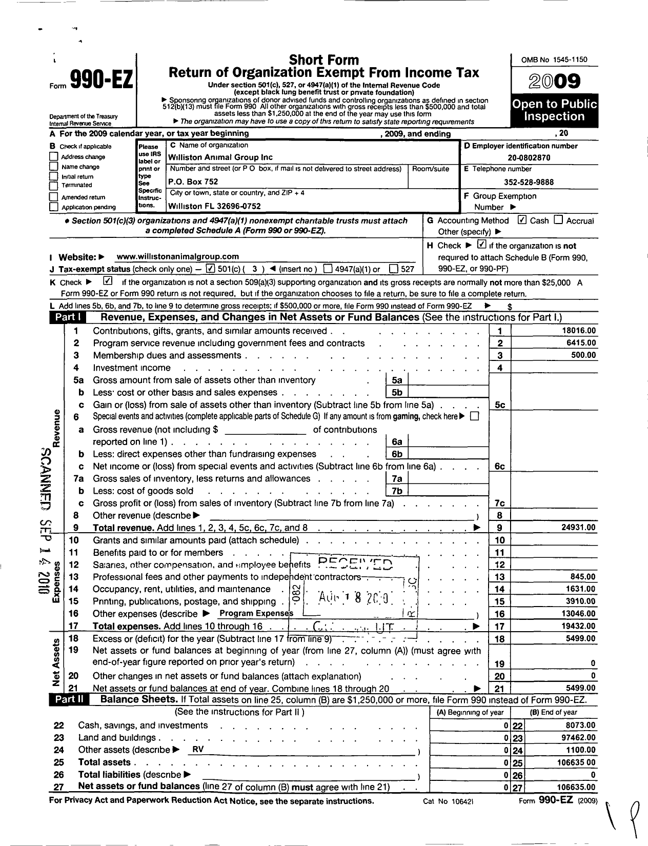 Image of first page of 2009 Form 990EZ for Williston Animal Group