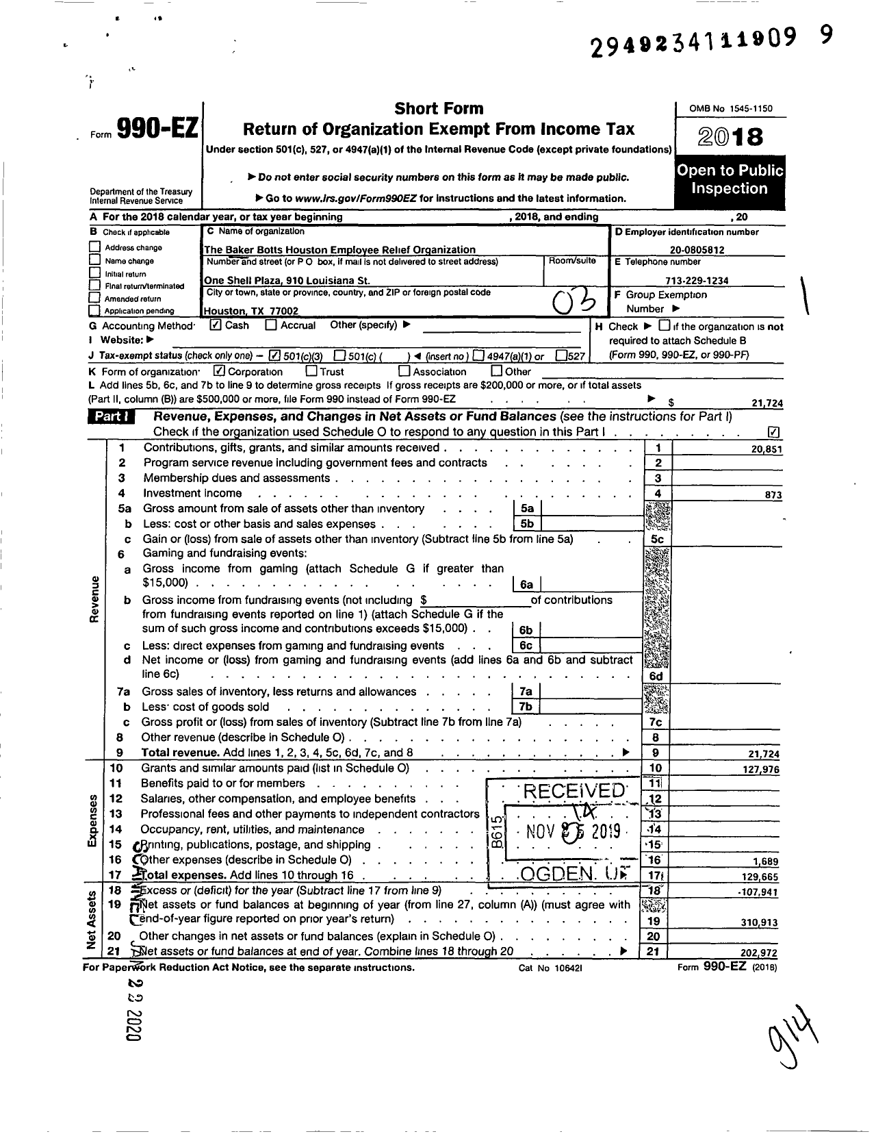 Image of first page of 2018 Form 990EZ for Baker Botts Houston Employee Relief Organization