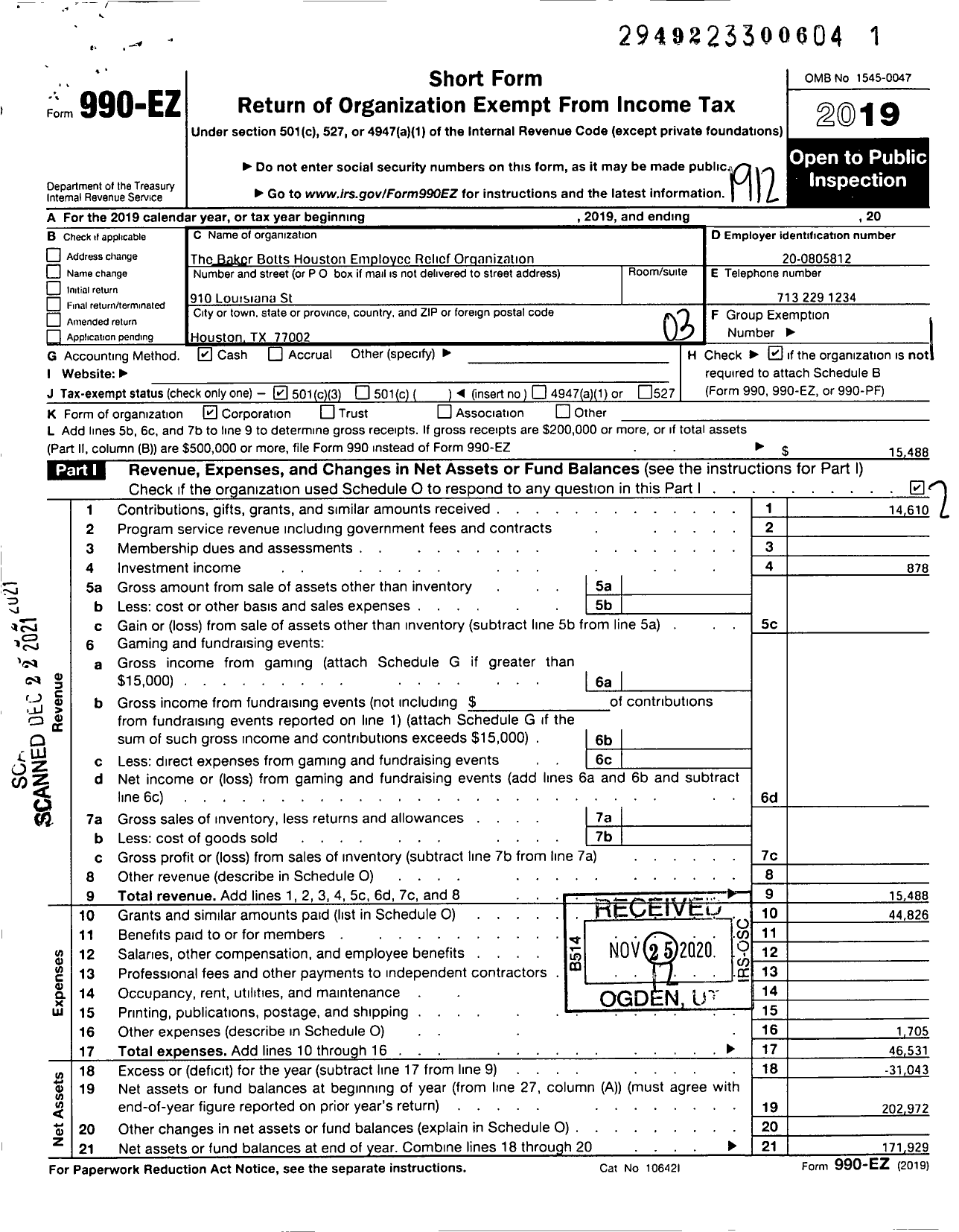 Image of first page of 2019 Form 990EZ for Baker Botts Houston Employee Relief Organization