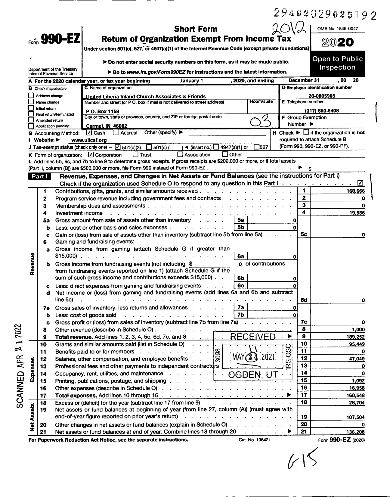 Image of first page of 2020 Form 990EZ for United Liberia Inland Church Associates and Friends