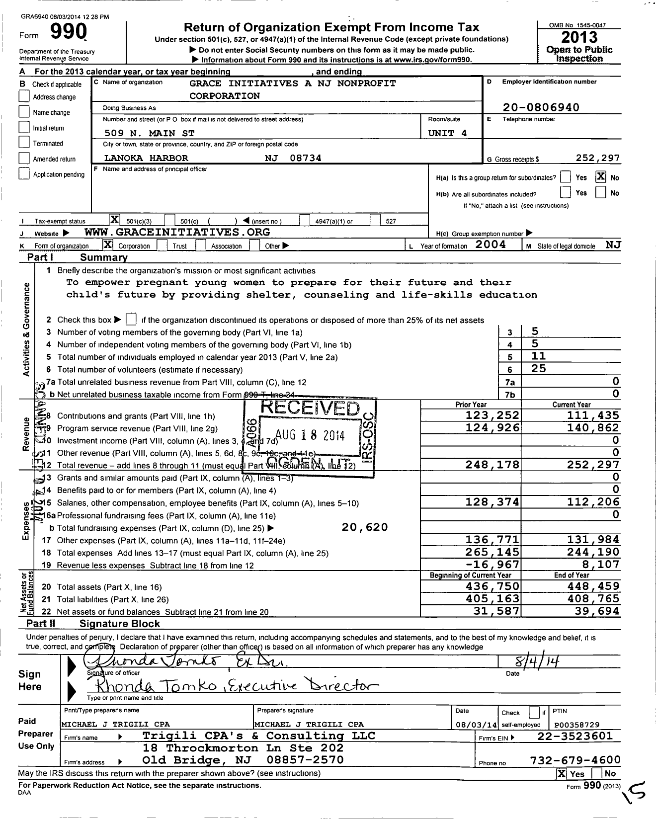 Image of first page of 2013 Form 990 for Grace Initiatives A NJ Nonprofit Corporation