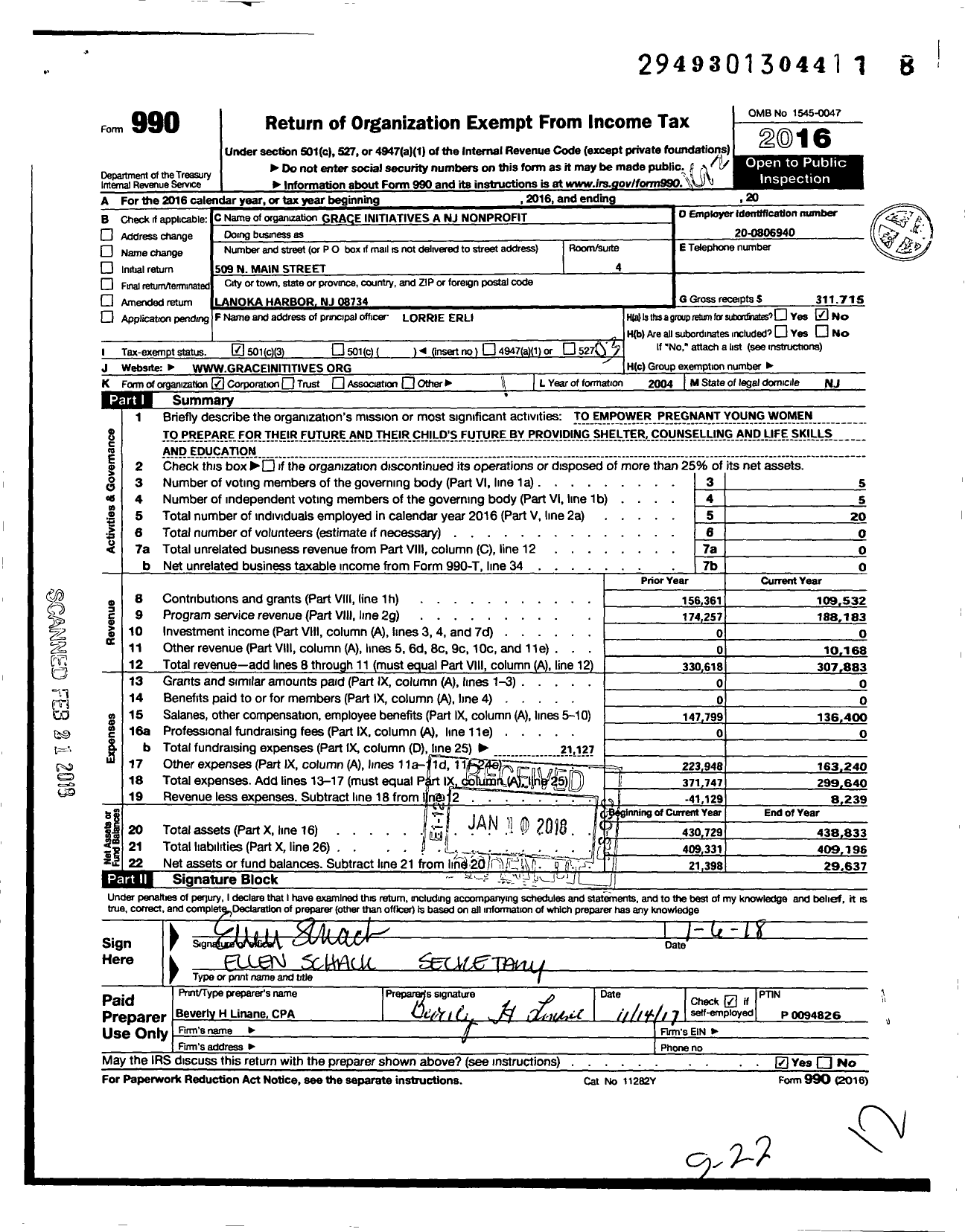 Image of first page of 2016 Form 990 for Grace Initiatives A NJ Nonprofit Corporation