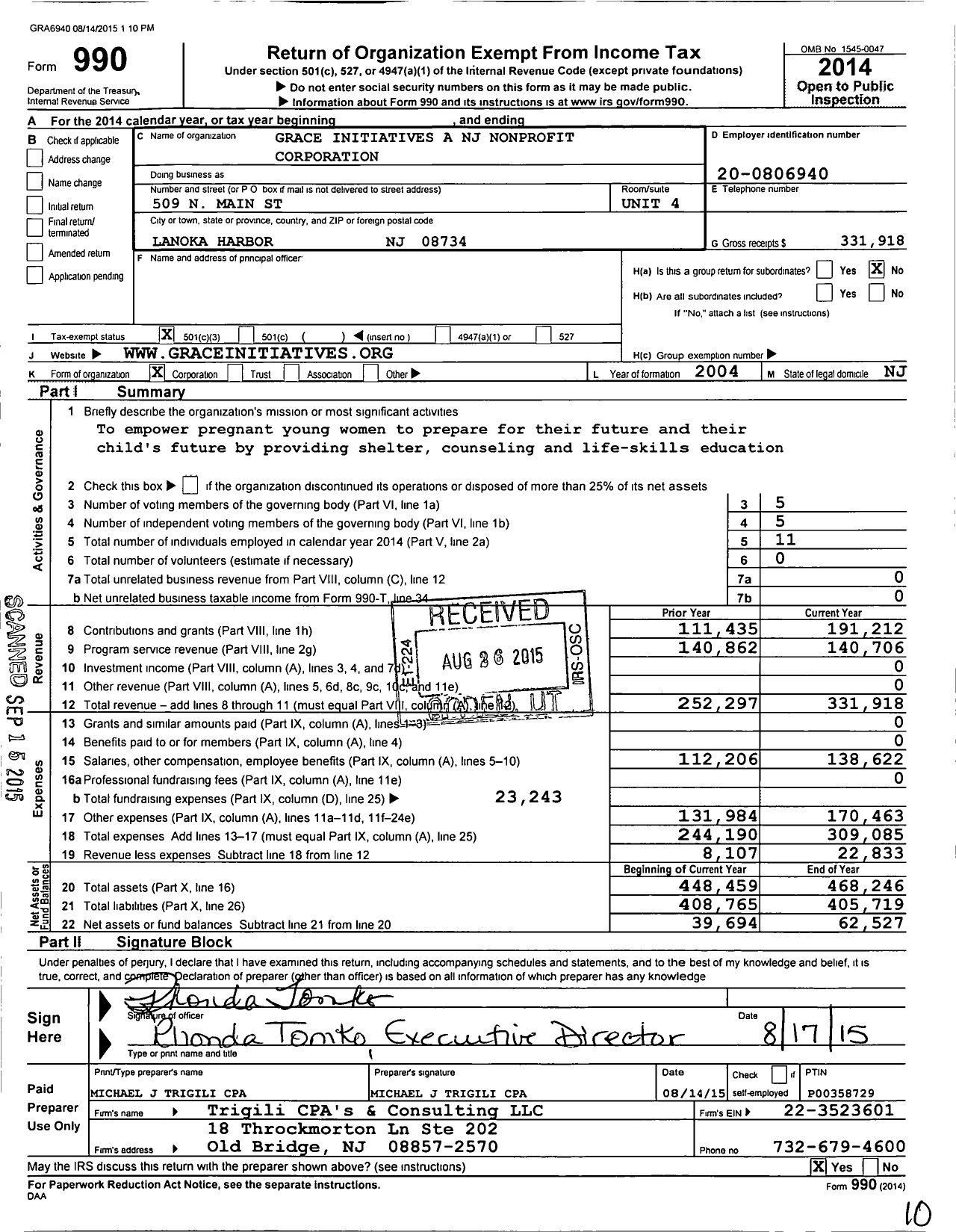 Image of first page of 2014 Form 990 for Grace Initiatives A NJ Nonprofit Corporation