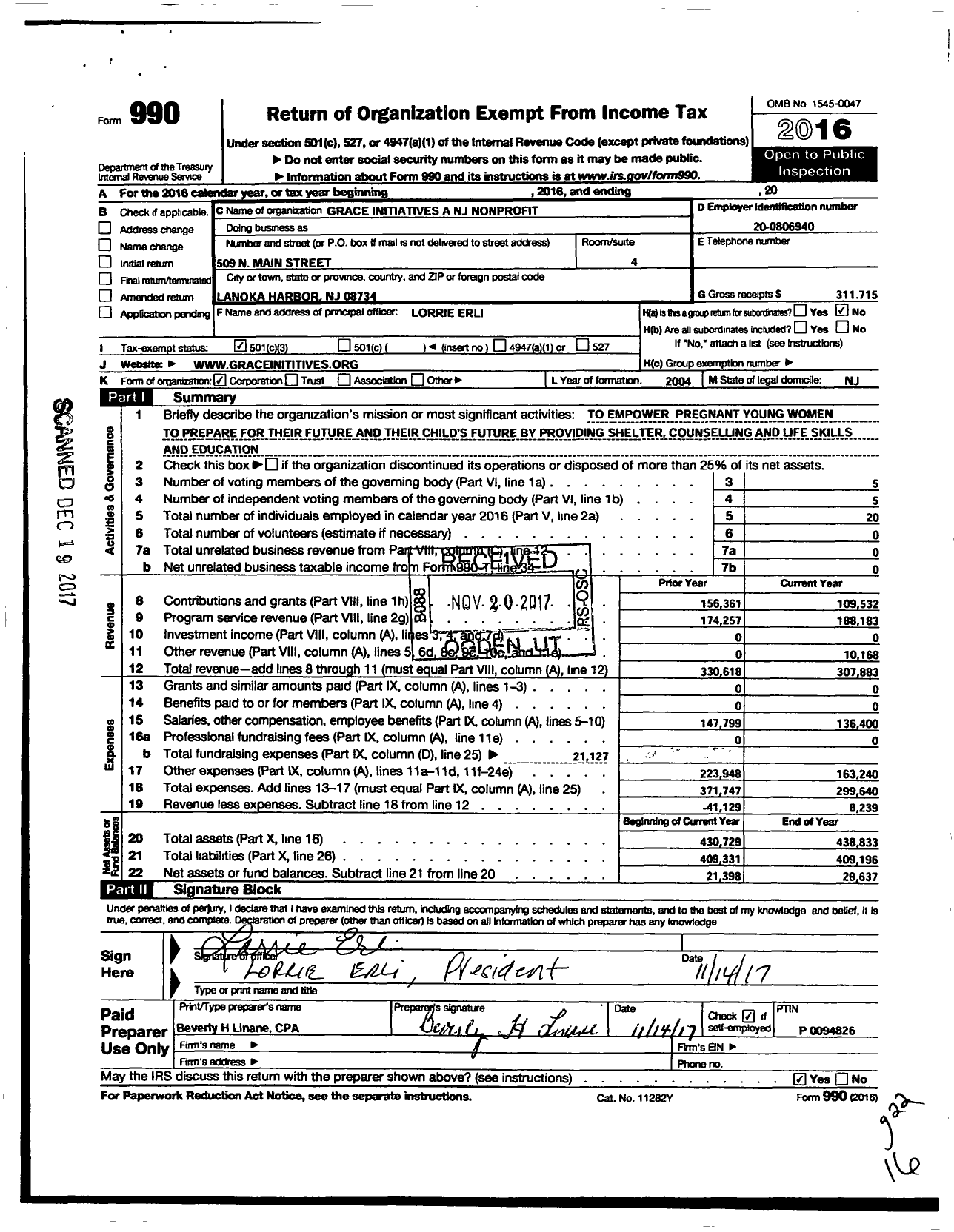 Image of first page of 2016 Form 990 for Grace Initiatives A NJ Nonprofit Corporation