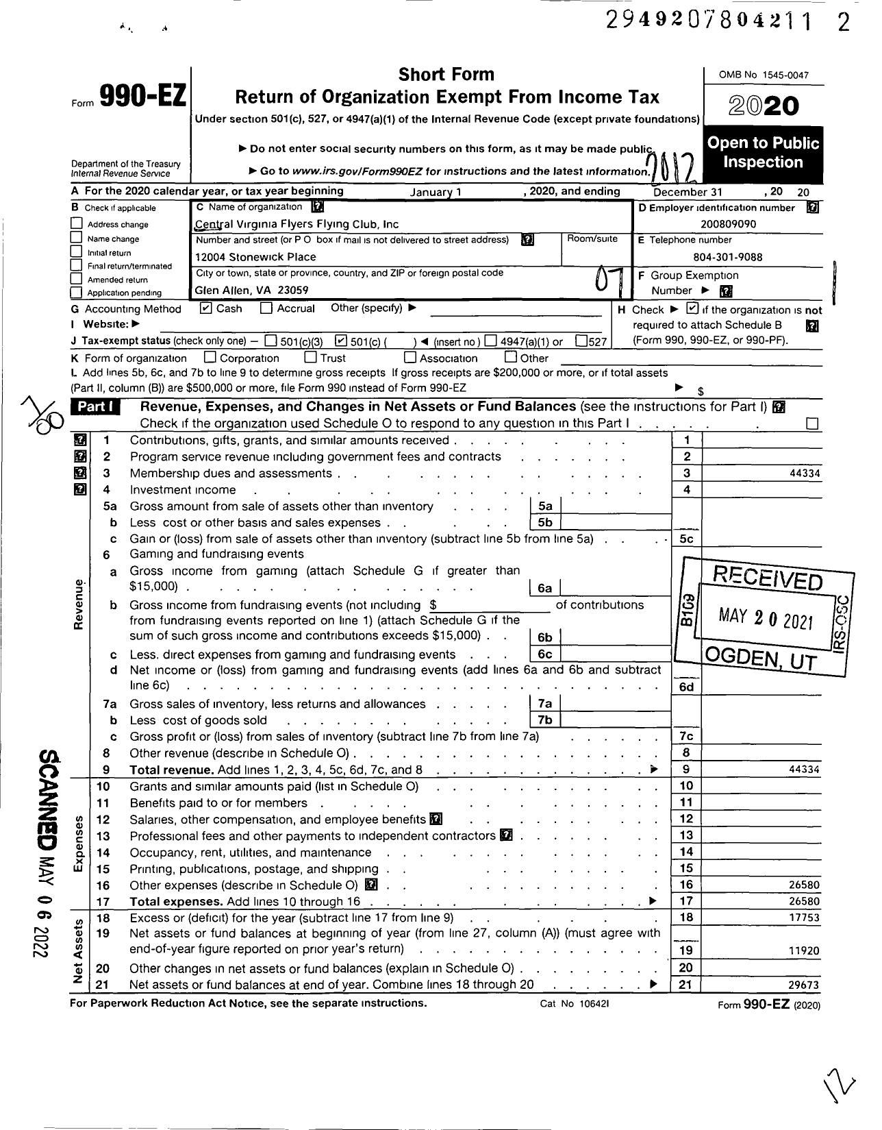 Image of first page of 2020 Form 990EO for Central Virginia Flyers Flying Club