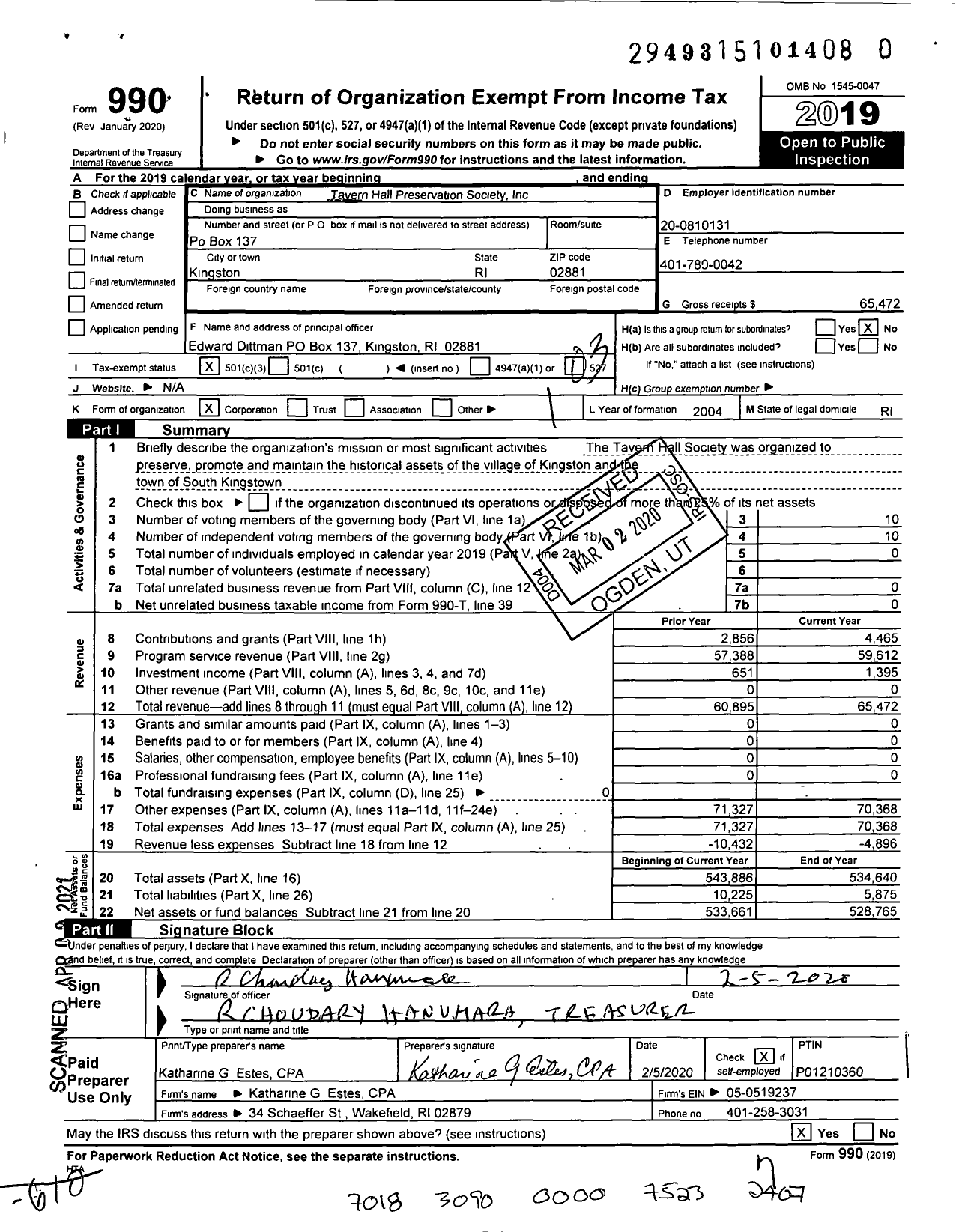 Image of first page of 2019 Form 990 for Tavern Hall Preservation Society