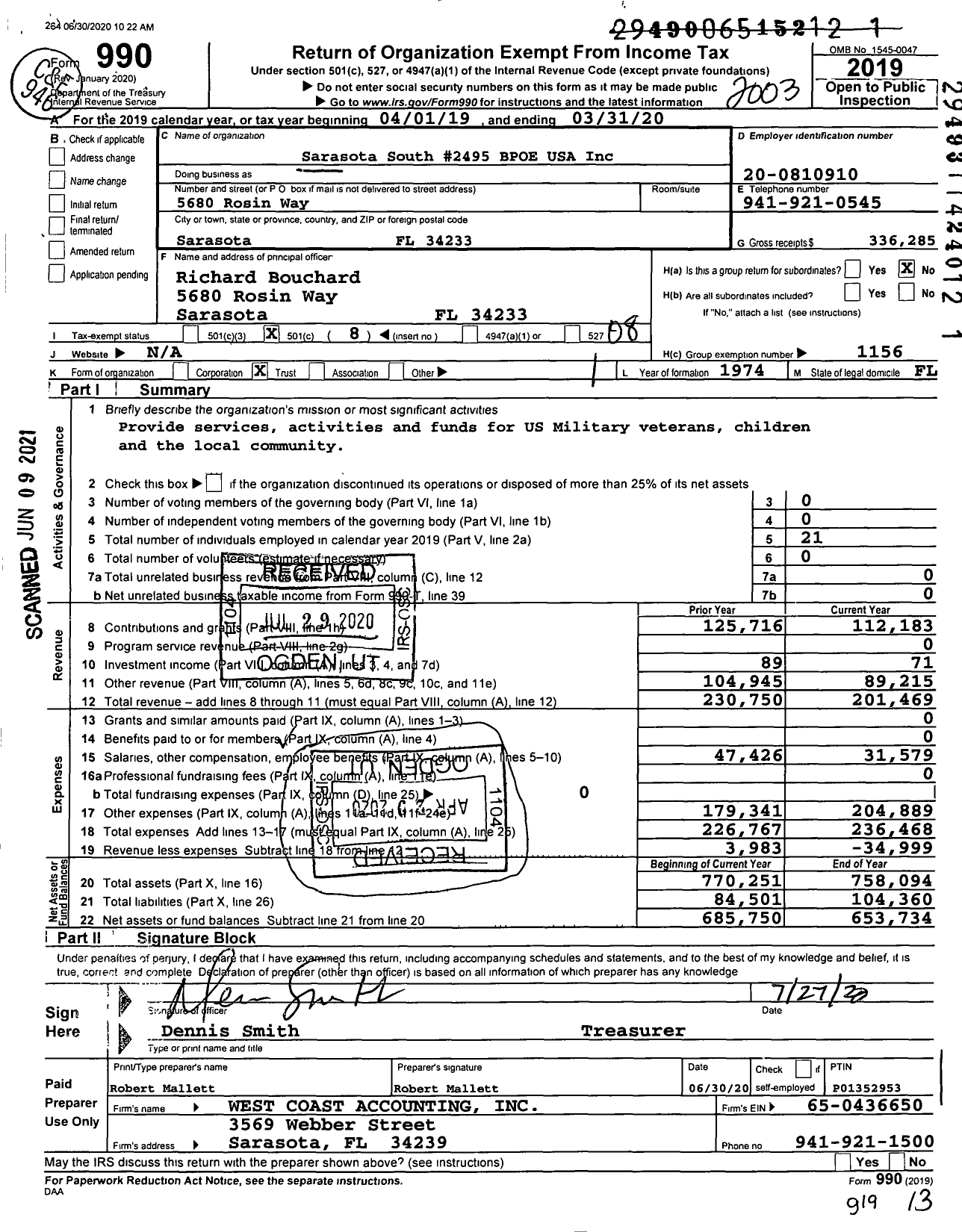 Image of first page of 2019 Form 990O for Benevolent and Protective Order of Elks - 2495 Sarasota