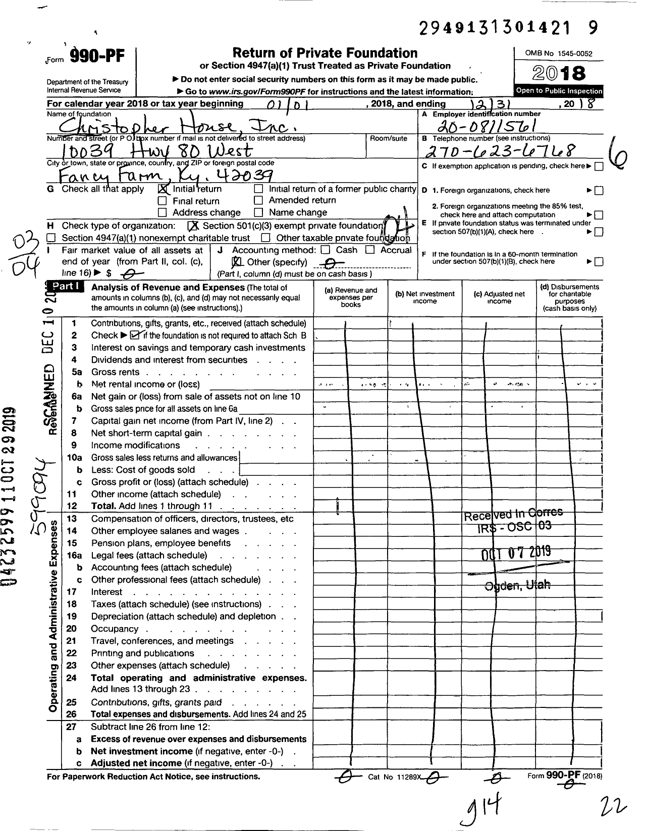 Image of first page of 2018 Form 990PF for Christopher House