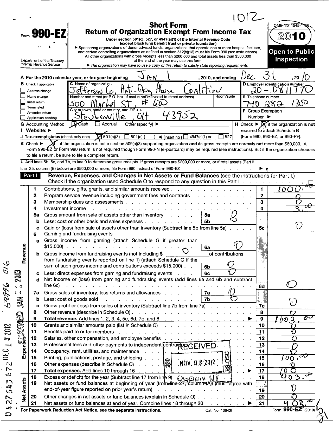 Image of first page of 2010 Form 990EZ for United Prevention Partnership (UPP)