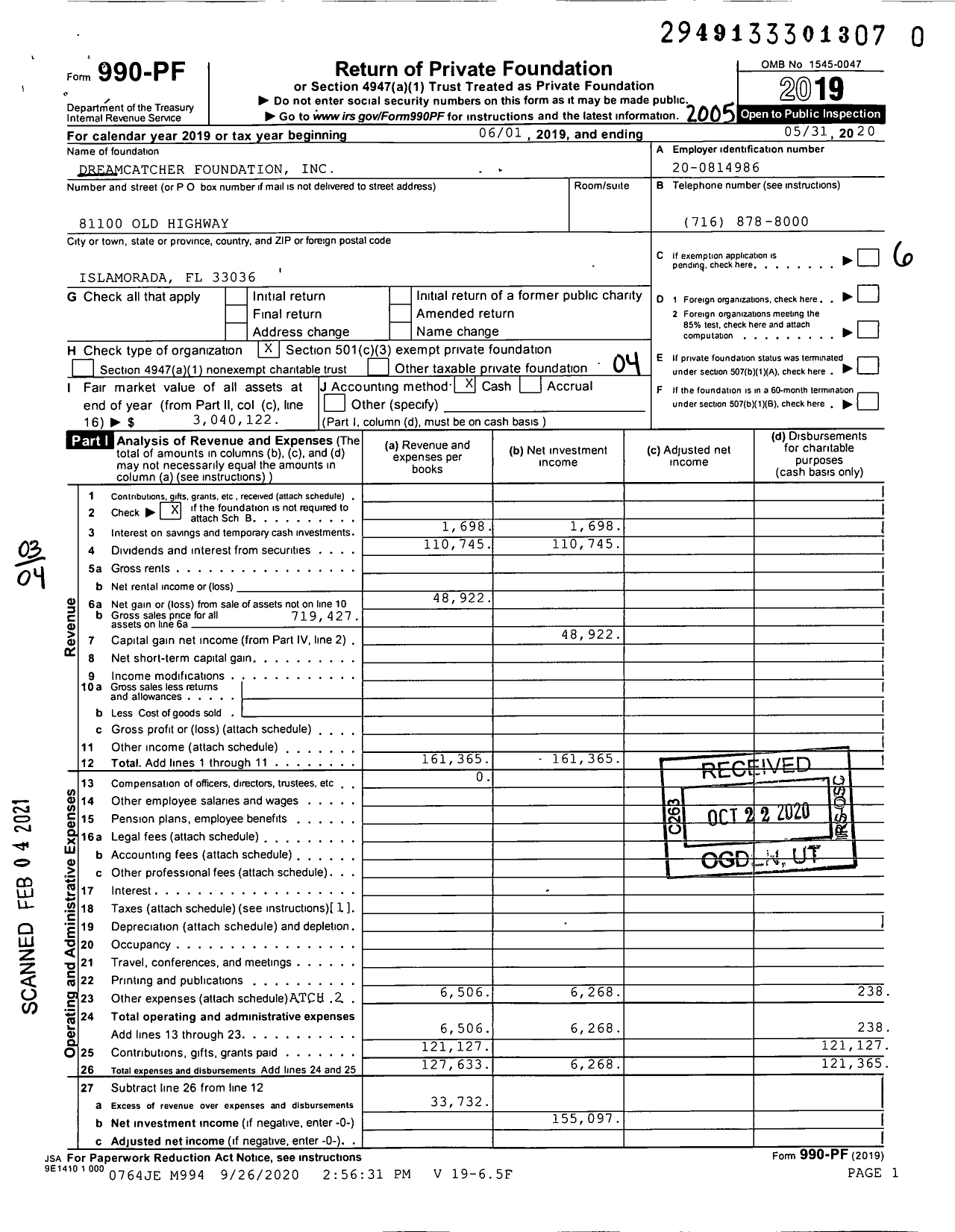 Image of first page of 2019 Form 990PF for Dreamcatcher Foundation