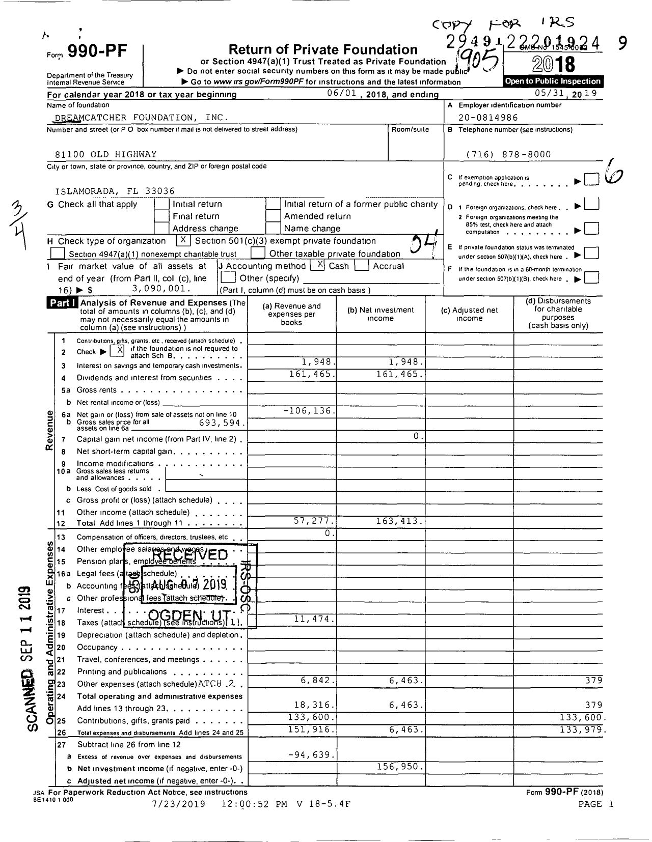 Image of first page of 2018 Form 990PF for Dreamcatcher Foundation