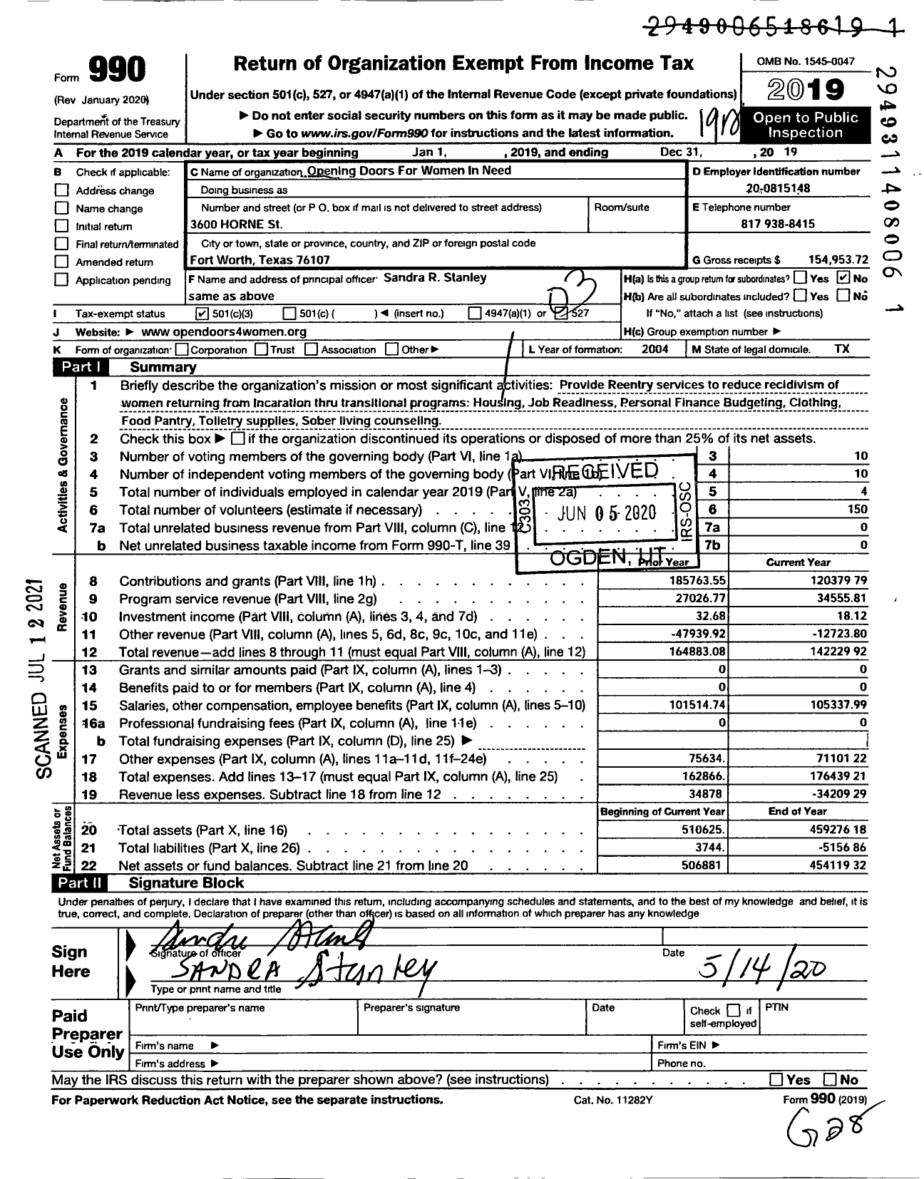 Image of first page of 2019 Form 990 for Opening Doors for Women in Need
