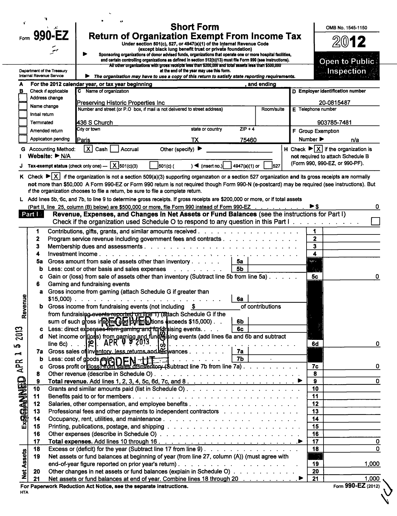 Image of first page of 2012 Form 990EZ for Preserving Historic Properties