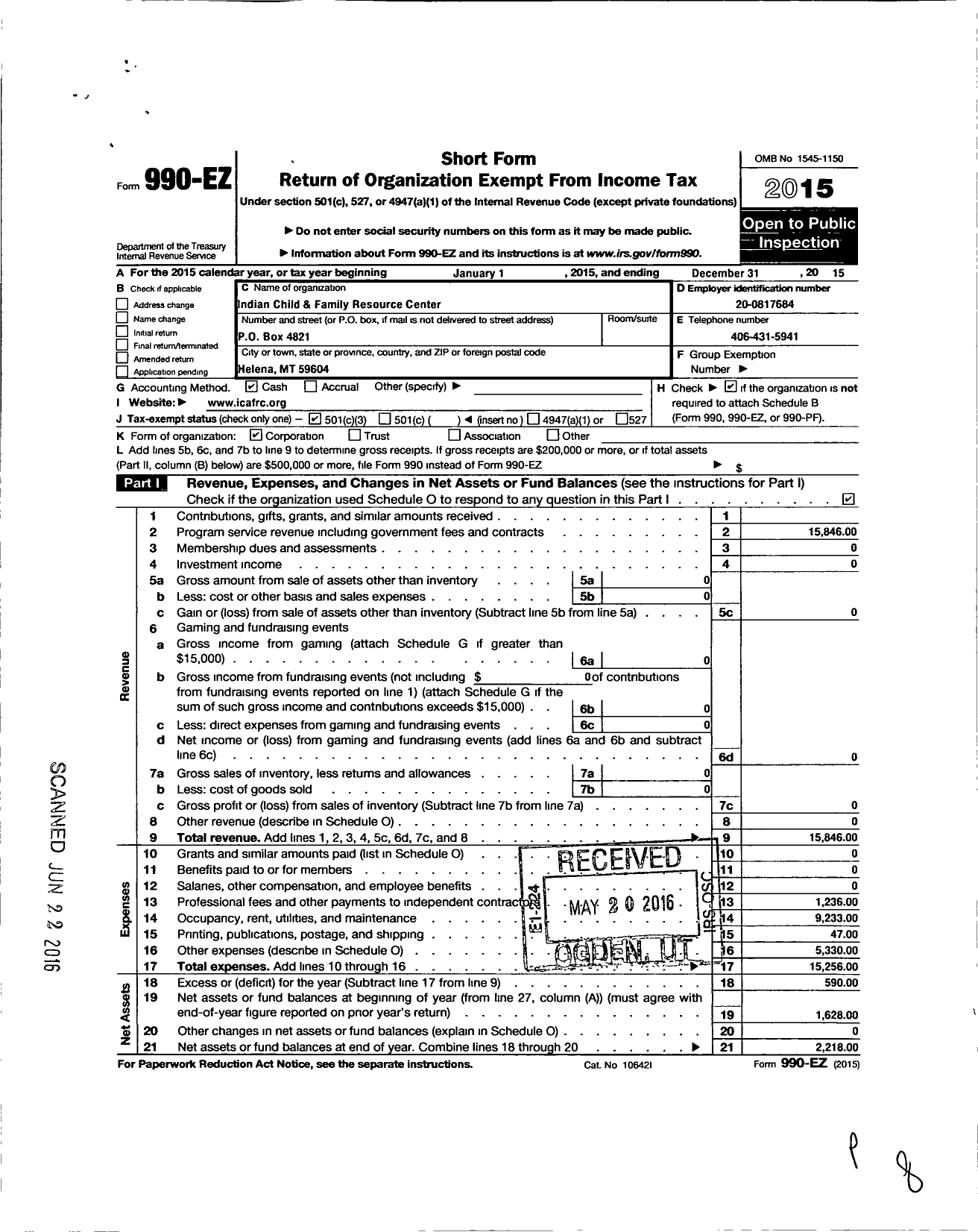 Image of first page of 2015 Form 990EZ for Indian Child and Family Resource Center