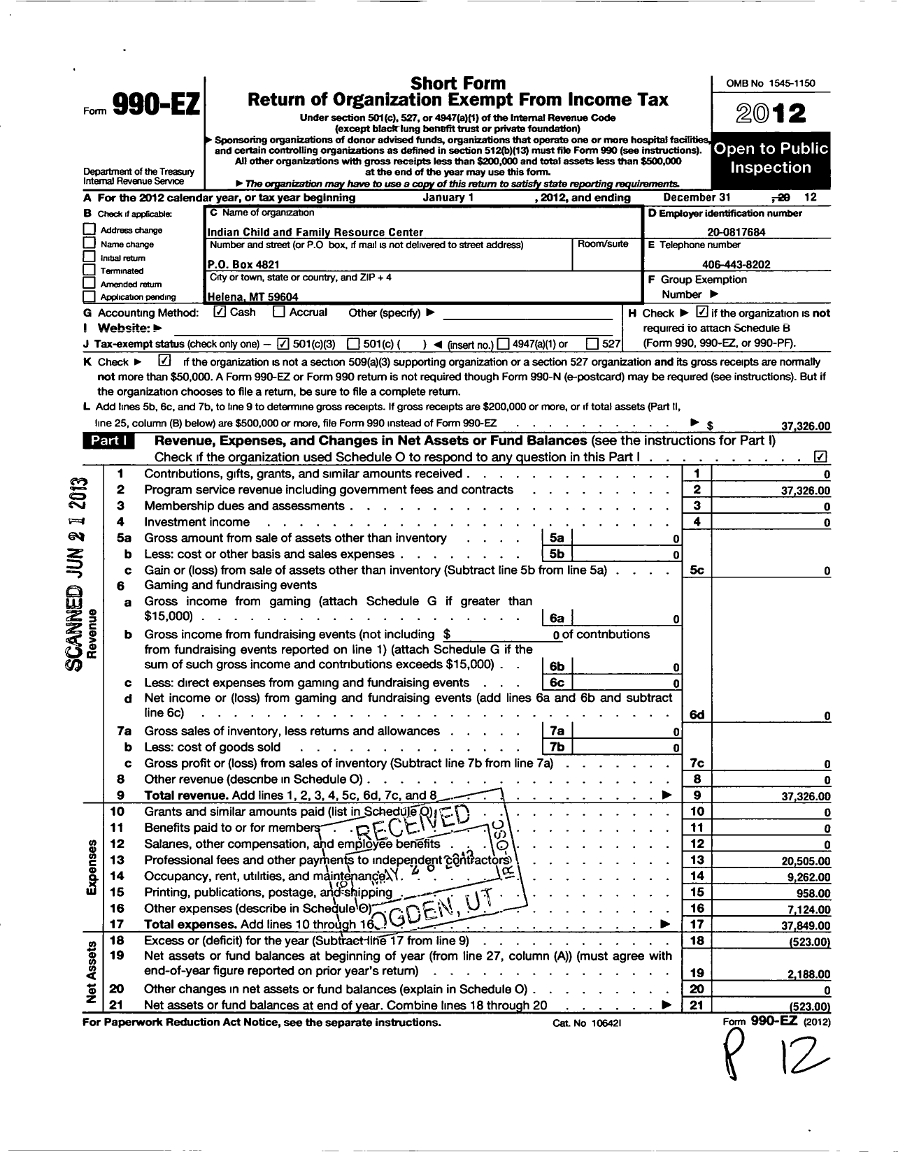 Image of first page of 2012 Form 990EZ for Indian Child and Family Resource Center