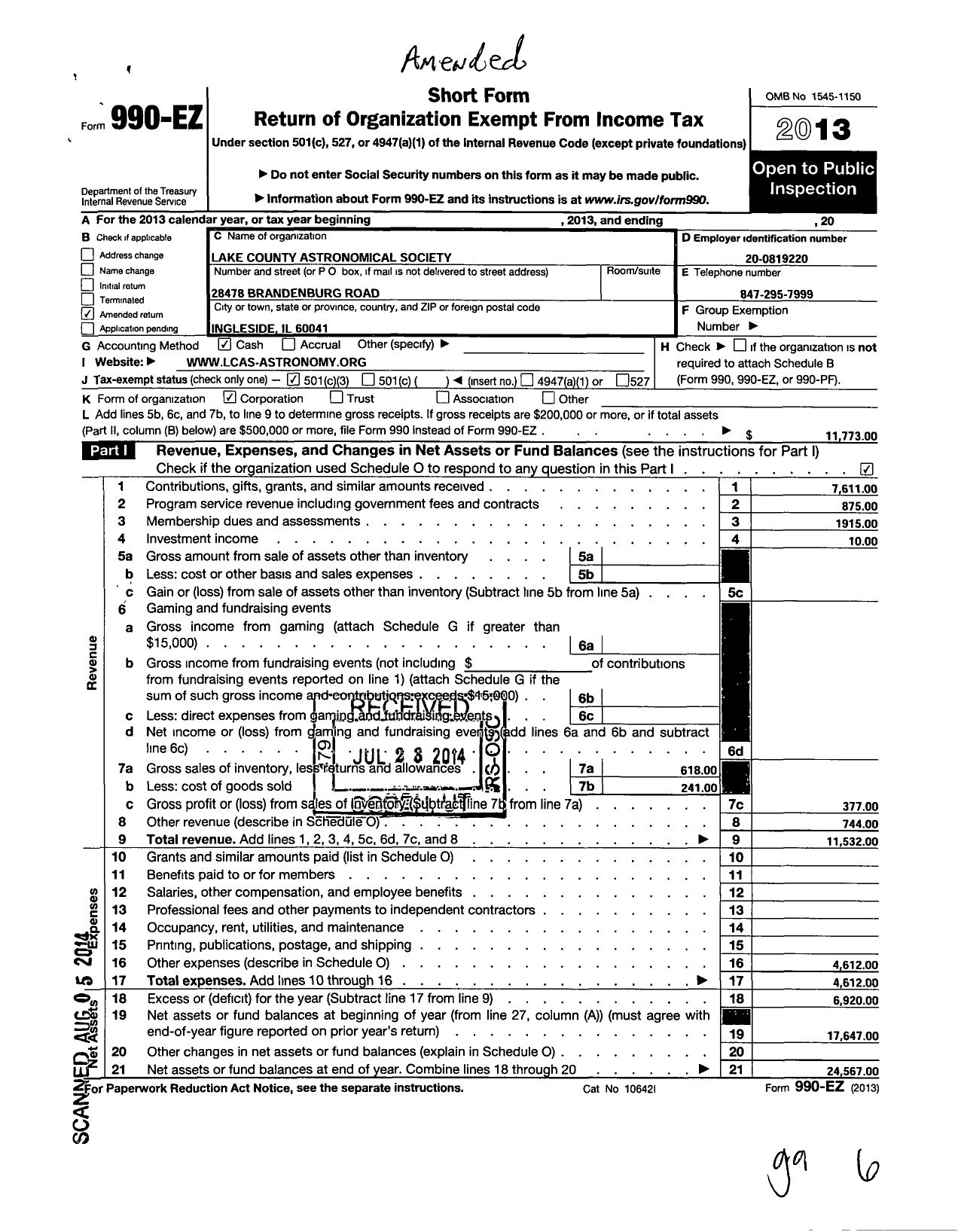 Image of first page of 2013 Form 990EZ for Lake County Astronomical Society