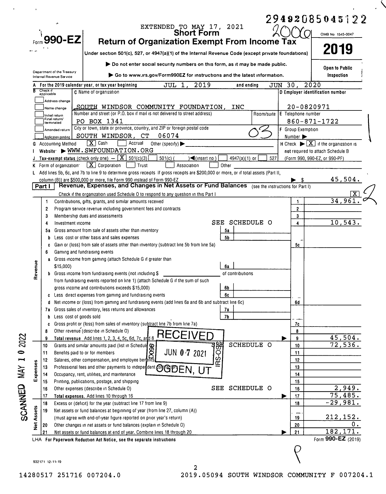Image of first page of 2019 Form 990EZ for South Windsor Community Foundation